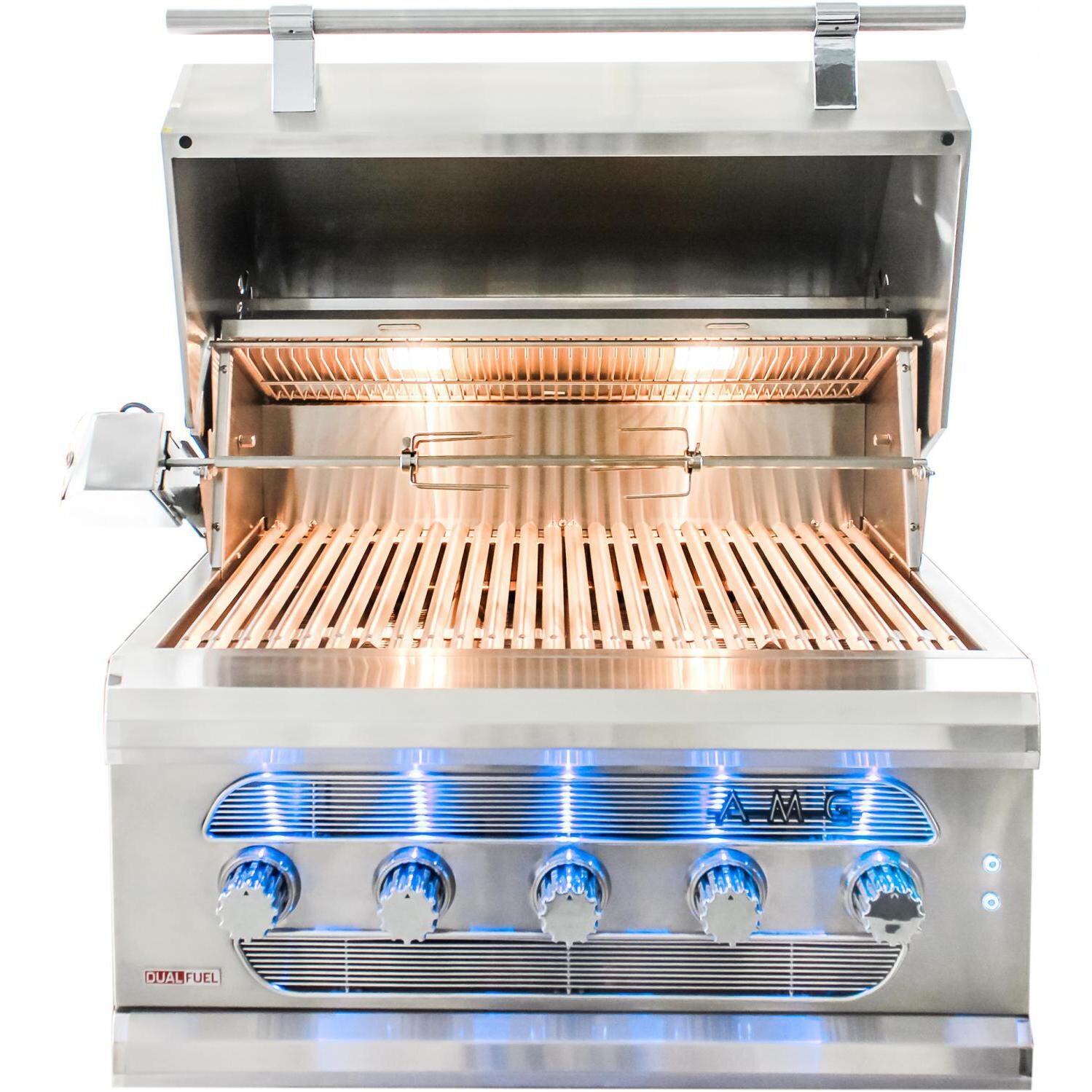 American Muscle Grill 36-Inch Built-In Gas Grill - Front Open View With Lights (Shown With Rotisserie - Not Included) thumbnail