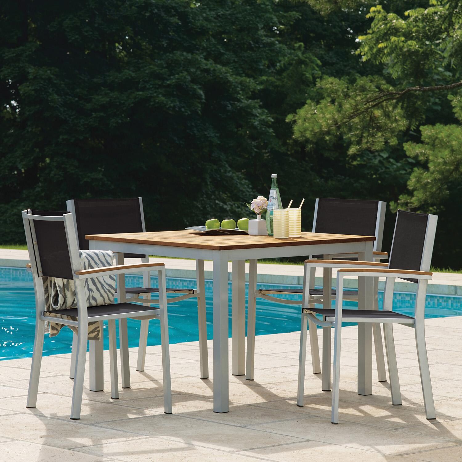 Oxford Garden 5068-PC.F Travira 5 Pc Aluminum Dining Set in Natural Tekwood/ Black Sling by Oxford Garden - By Pool - Lifestyle thumbnail