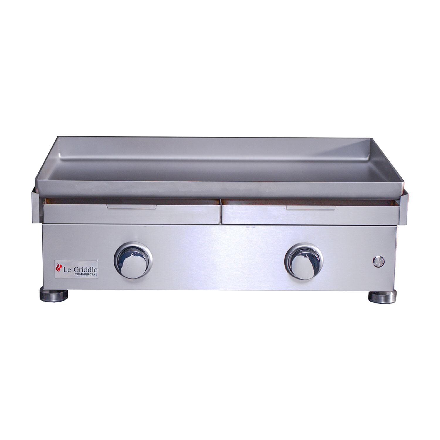 Le Griddle OML75C6 LP Commercial Series 75 2 Burner Built-In Propane Flat Top Grill w/ 6mm Plate - Greaser Disposal Trays - White Background thumbnail