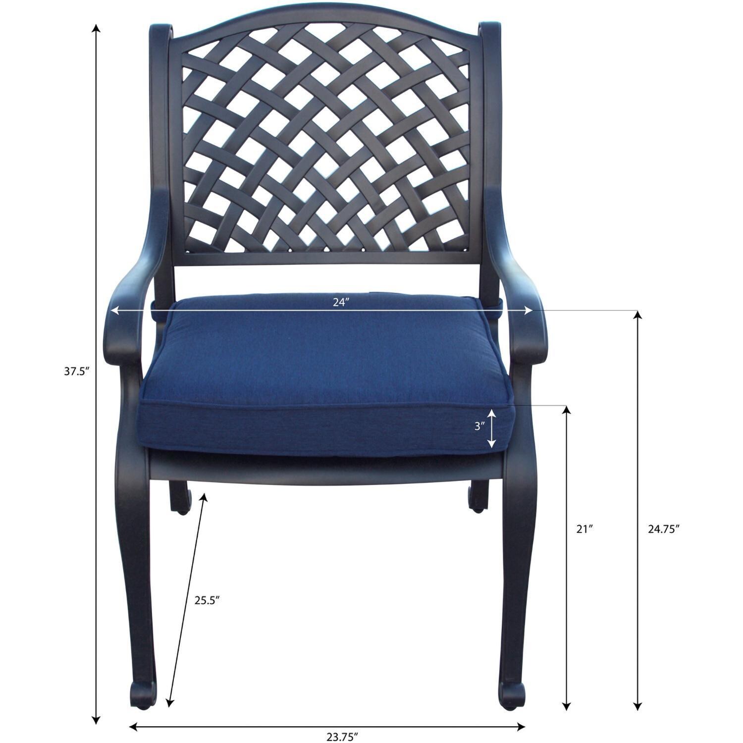 Darlee Nassau 5-Piece Patio Dining Set (with 2 Swivel Rockers) with Navy Blue Cushions and 36 Inch Square Dining Table - Dining Chair Dimensions - Dimensional thumbnail