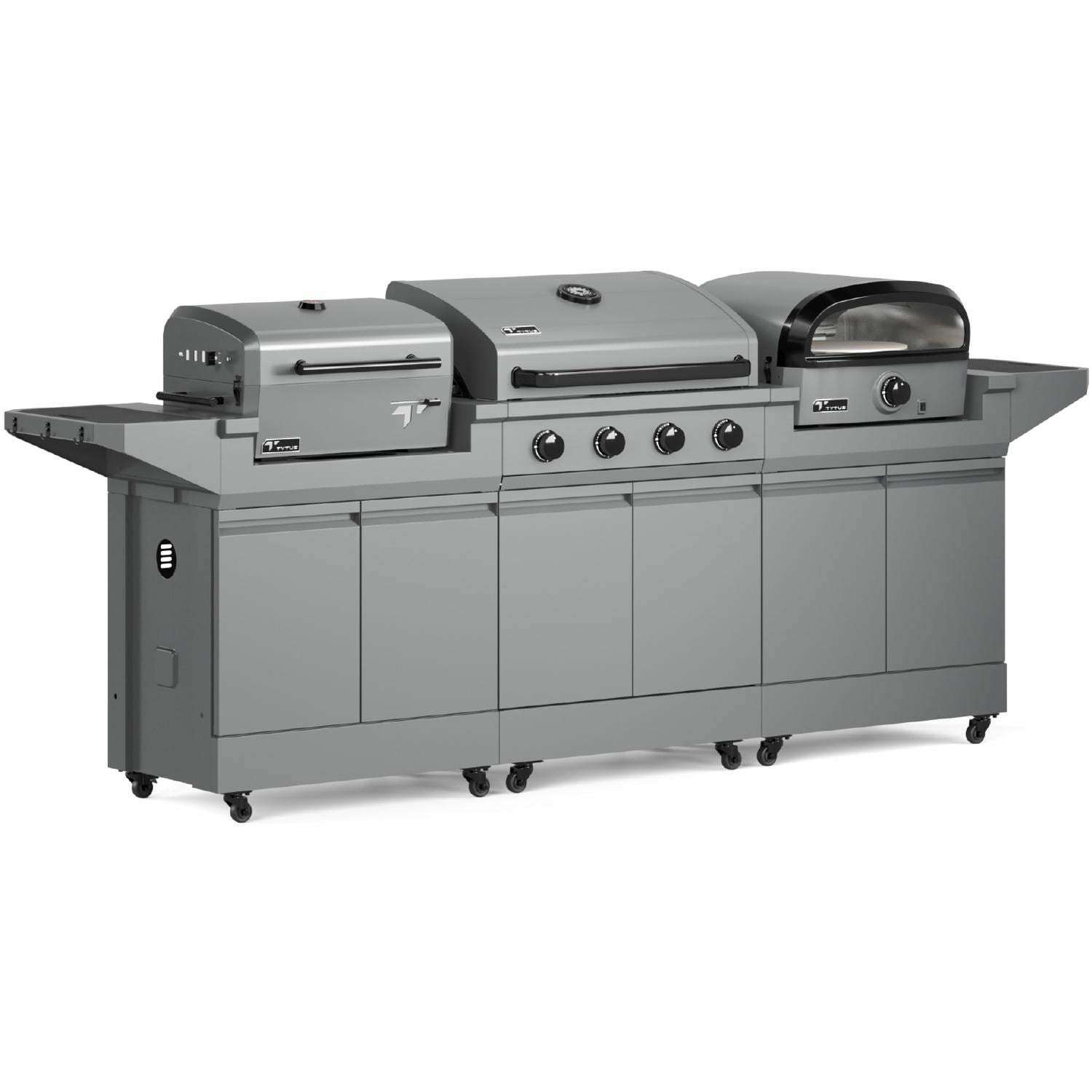 TYTUS TDT-BUN-065 Modular Trio w/ 4-Burner Gas Grill, Charcoal Grill & Gas Pizza Oven - Angled Right - White Background thumbnail