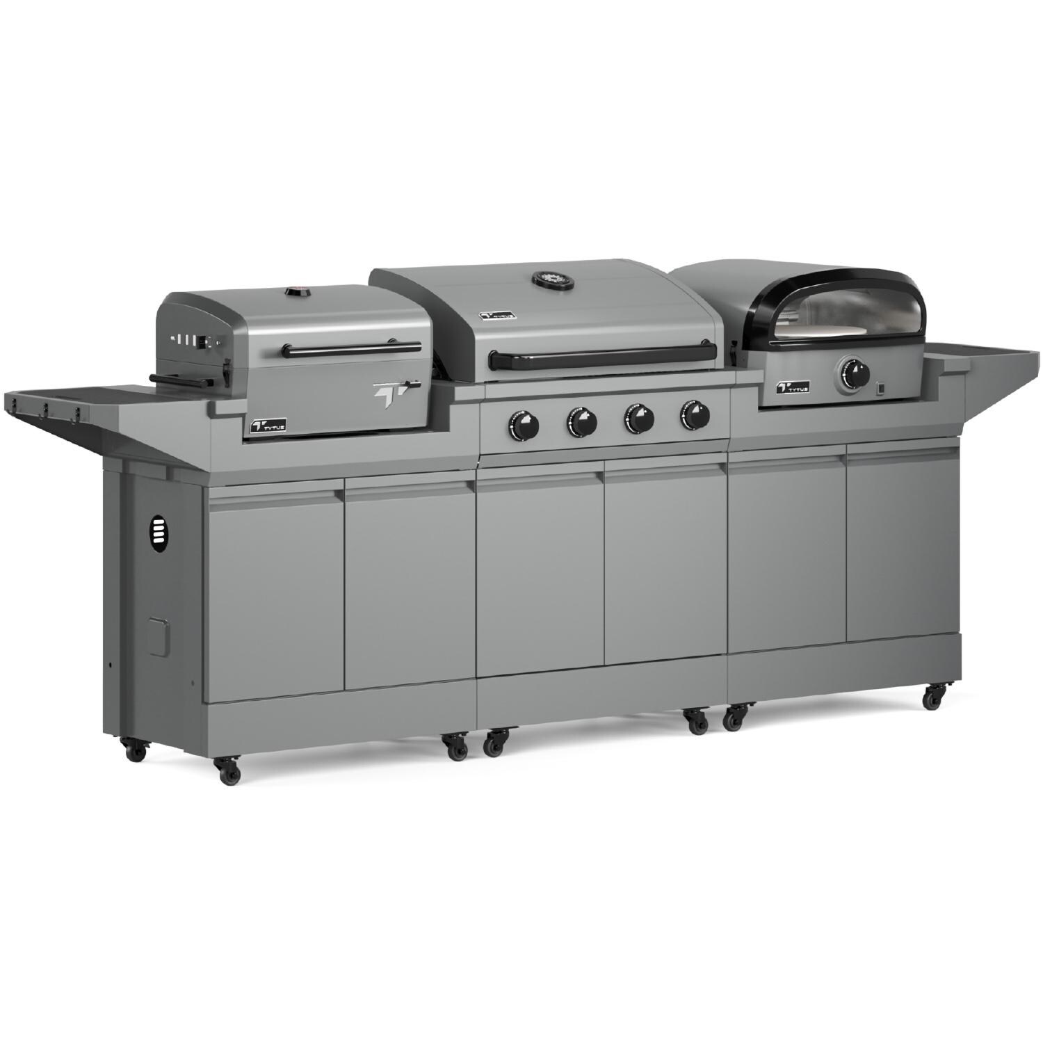 TYTUS TDT-BUN-065 Modular Trio w/ 4-Burner Gas Grill, Charcoal Grill & Gas Pizza Oven - Angled Right - White Background thumbnail