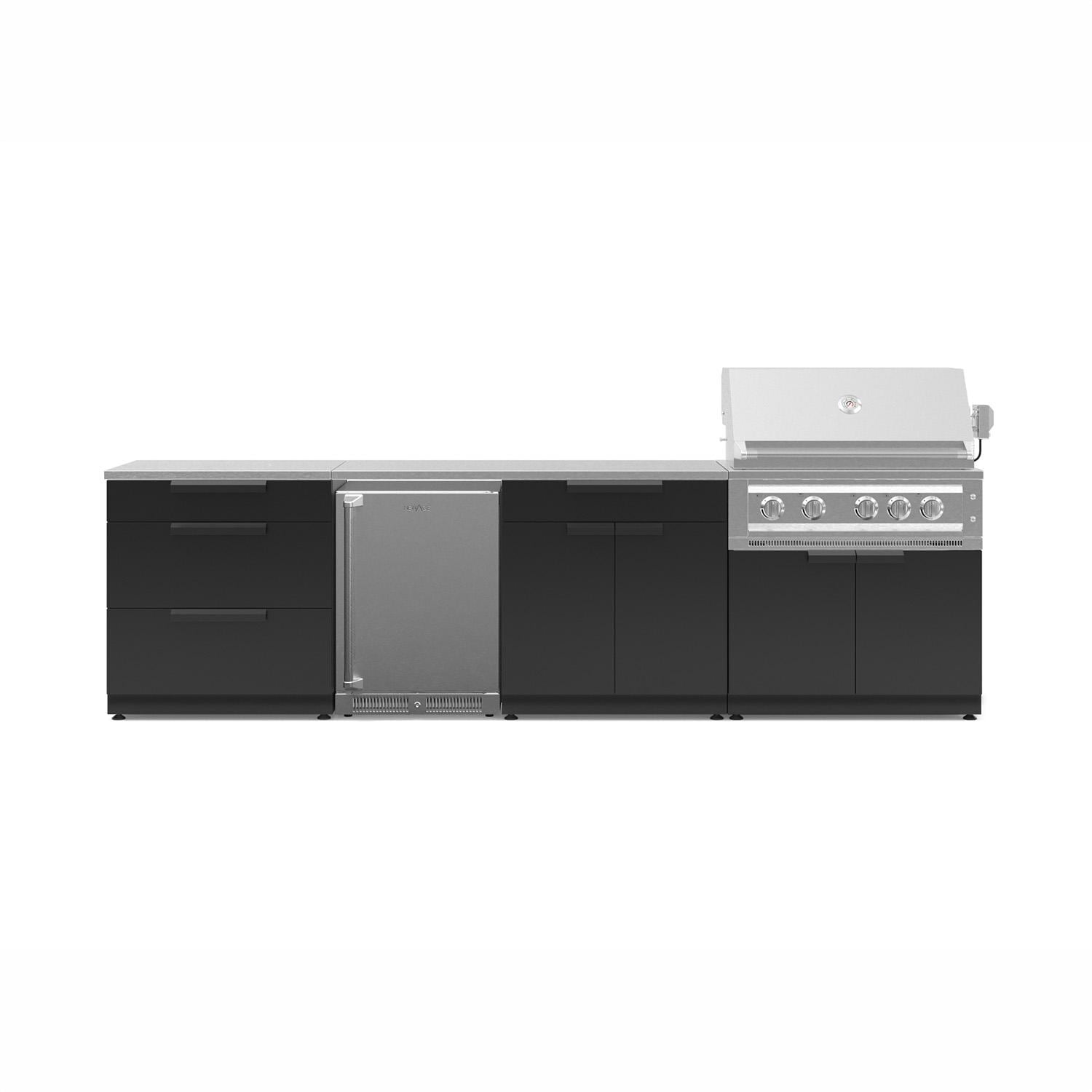 NewAge Products 71363 Classic Series 10 1/2 Ft Outdoor Kitchen Island w/ 36-in Propane Grill, Refrigerator, Trash Bin, Door & Drawer in Matte Black/Stainless Steel - Island - White Background thumbnail