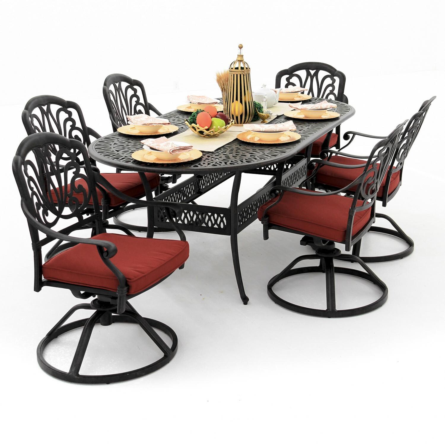 Rosedown 7 Piece Cast Aluminum Patio Dining Set With Swivel Rockers And 86 X 42-Inch Oval Table By Lakeview Outdoor Designs - Canvas Henna