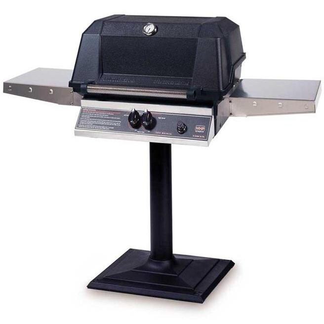 MHP WNK4DD Propane Gas Grill With Stainless Steel Shelves And SearMagic Grids On Bolt Down Post
