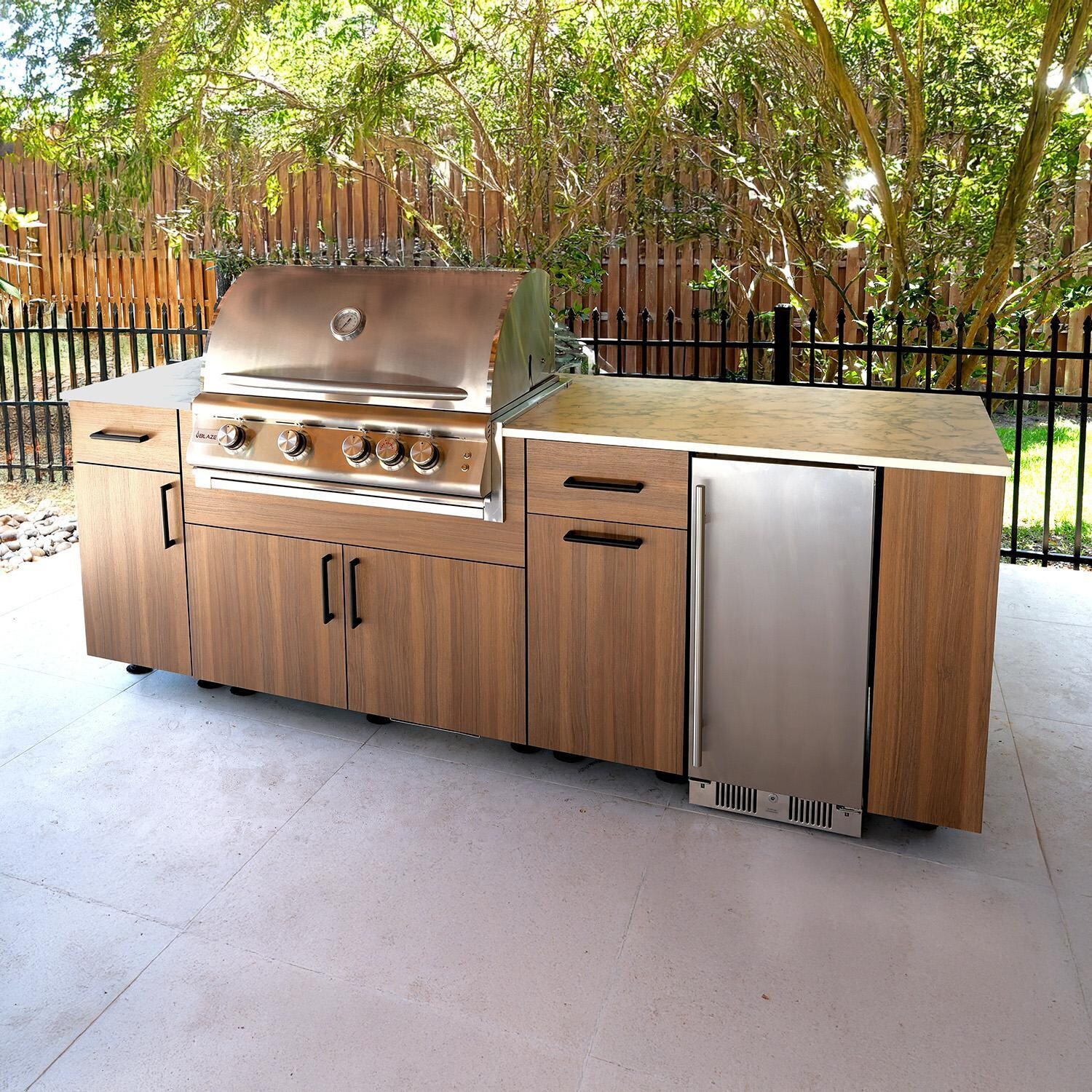 BBQGuys Signature Oasis 8 Ft Outdoor Kitchen Island w/ Blaze Natural Gas Grill & Refrigerator in Noce Havana/Icecap White - Island - Lifestyle thumbnail