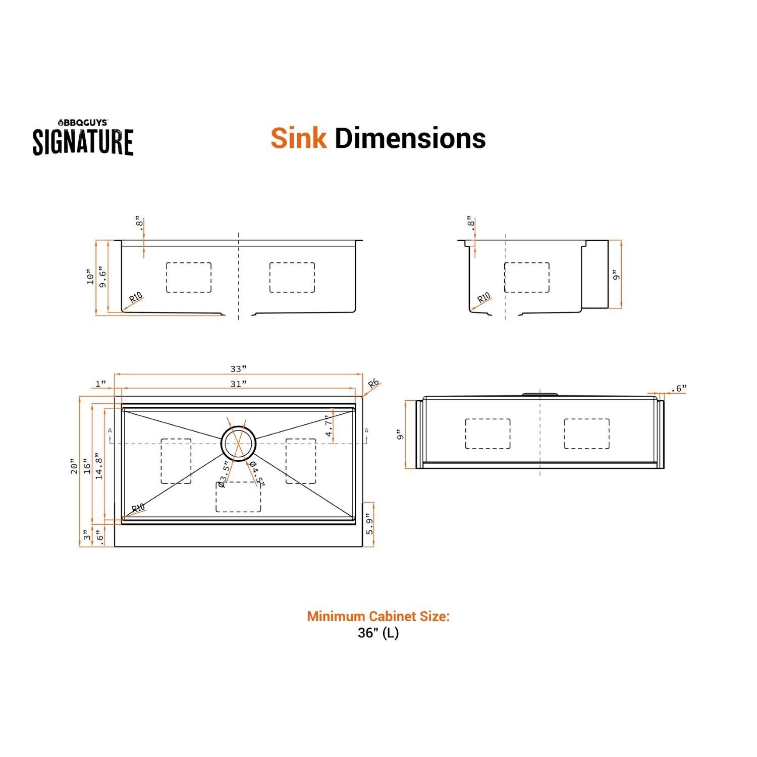 BBQGuys Signature Farmhouse Flat Apron Stainless Steel 33-Inch Workstation Sink W/Grid, Strainer and 3 Accessories - Dimensional thumbnail