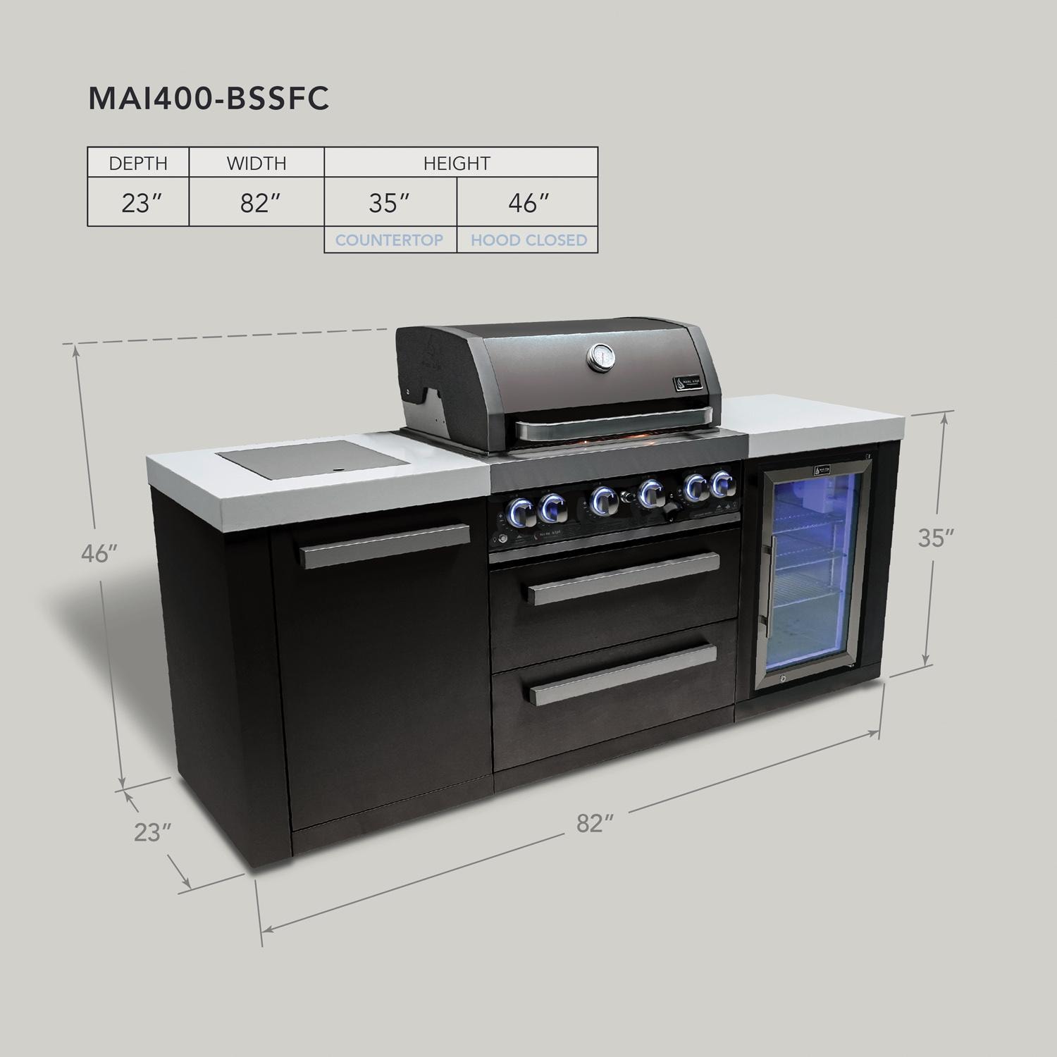 Mont Alpi MAi400-BSSFC Black Series 7 Ft Propane Outdoor Kitchen Island w/ Side Burner & Fridge - Dimensions - Dimensional thumbnail