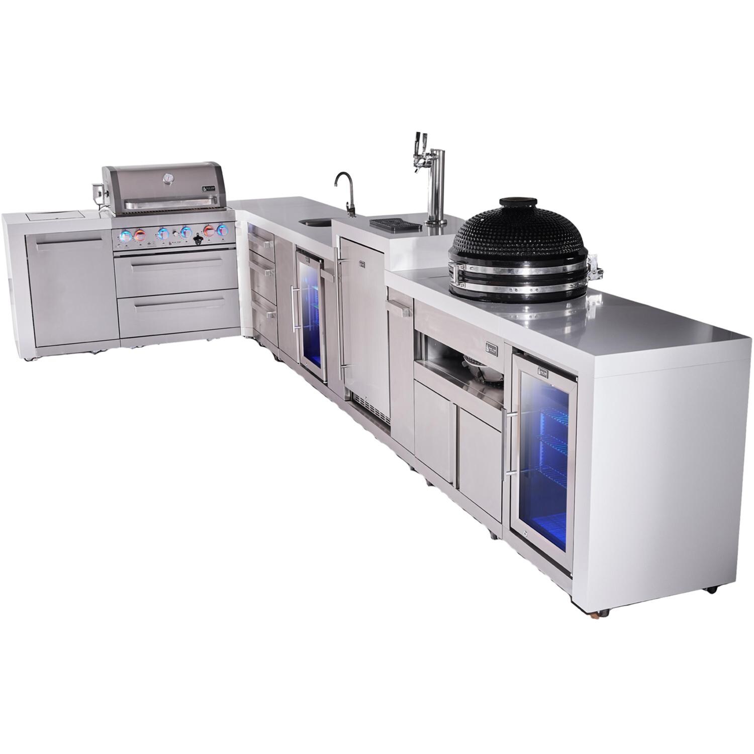 Mont Alpi Deluxe Series 13 1/2 Ft L-Shaped Natural Gas Outdoor Kitchen Island w/ 32-in Grill, Side Burner, Beverage Center, Kegerator, Fridge, Kamado Module & Extra Door (Ships Propane w/ Conversion Kit) - Angled Right - White Background thumbnail