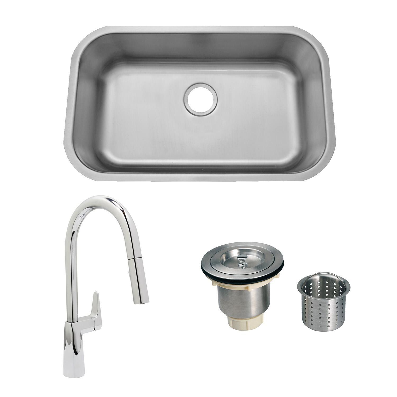Huntington Brass ADA-868 + HBK1983201-YU + LI-XD ADA Complaint 30 X 18 Stainless Steel Outdoor Sink with Huntington Brass Dual Spray 15.75 Inch High Pull Down Faucet and Strainer Basket - Bundle - White Background thumbnail