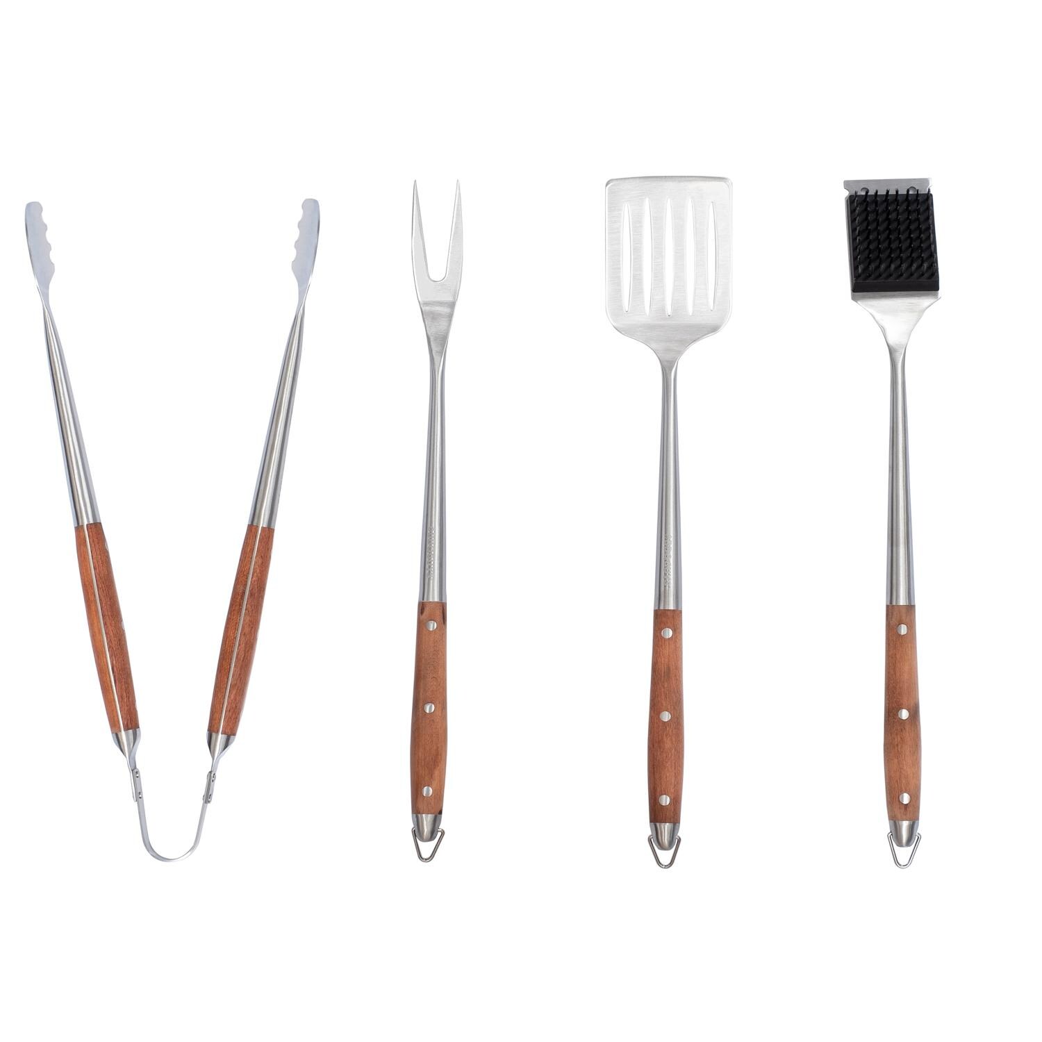 BBQGuys Signature 4-Piece Stainless Steel W/ Wooden Handles Tool Set - BBQ-4PCW-TST image