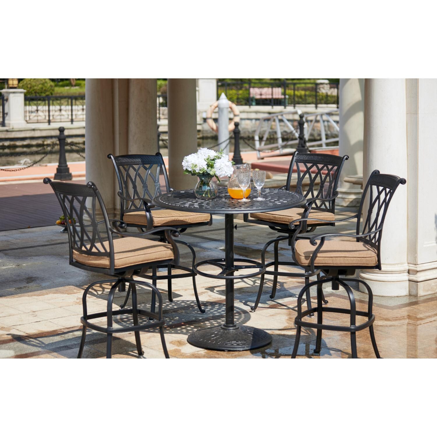 Darlee 201660-5PC-60F Capri 5 Piece Cast Aluminum Patio Bar Set W/ 42 Inch Round Table - Lifestyle thumbnail