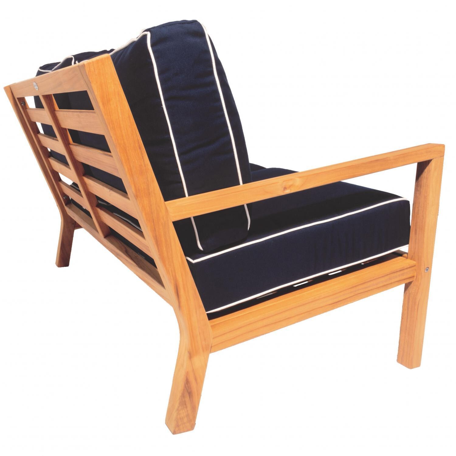 Royal Teak Collection Coastal 2 Person Teak Patio Loveseat w/ Sunbrella Canvas Navy Cushions - Side View - White Background thumbnail