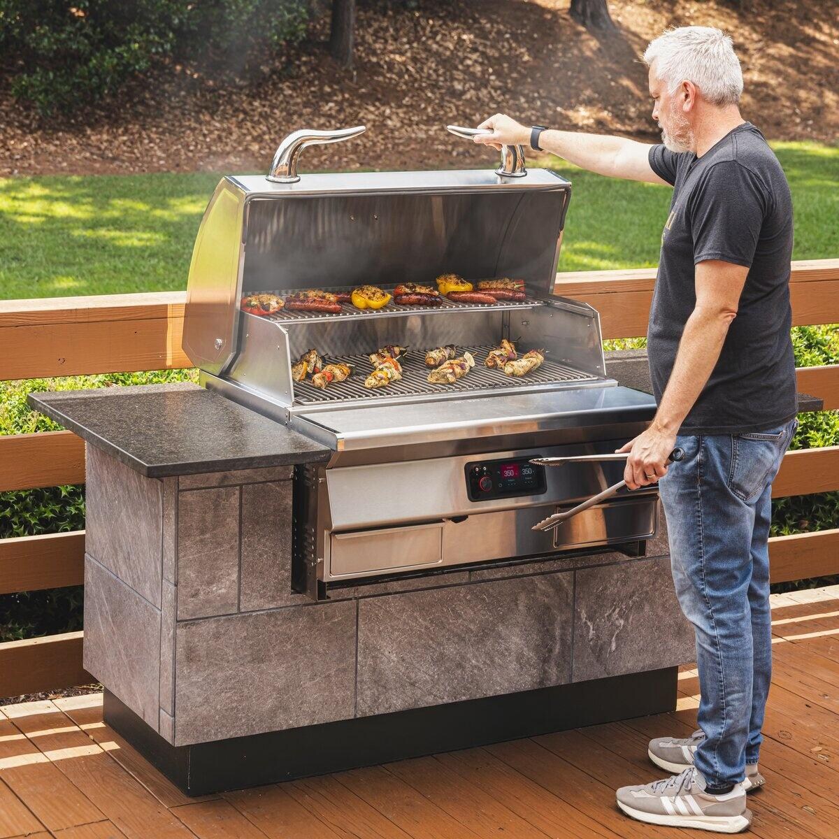 recteq RT-1300ES E-Series 1300 Built-In Wood Pellet Grill - In Use Shown w/ Outdoor Kitchen Island - Lifestyle thumbnail