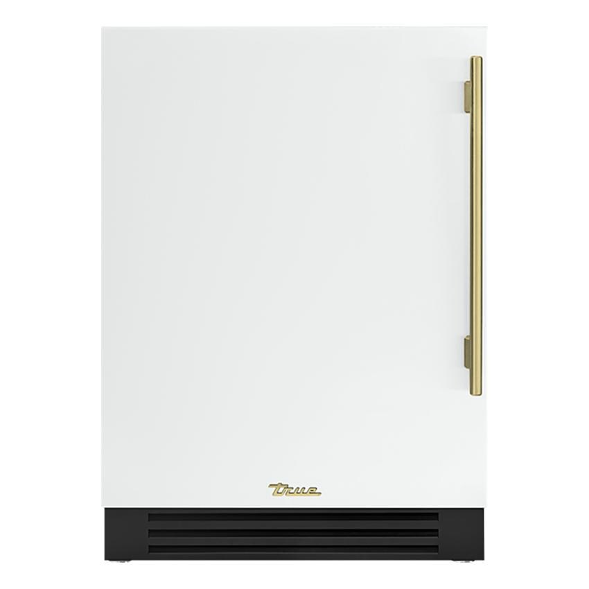 True TUF-24-L-OP-C~DSK-030-H01 24 Inch 5.6 Cu. Ft. Left Hinge Outdoor Freezer in Matte White w/ Brass Handles - White Background thumbnail