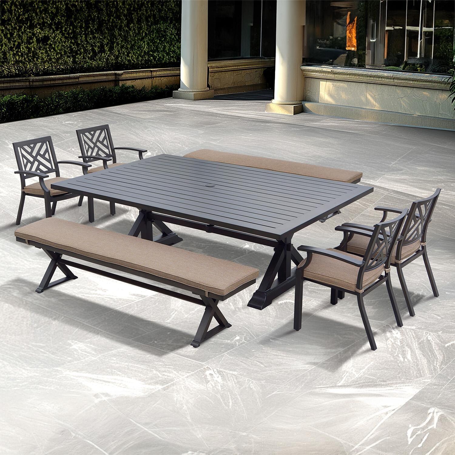 Darlee Brooklyn 7-Piece Patio Dining Set (with 4 Dining Chairs and 2 Benches) with Cushions and 59 X 88 Inch Rectangular Dining Table - Set - Lifestyle thumbnail