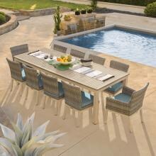 Travira 11 Piece Wicker Patio Dining Set W/ 103 X 42 Inch Rectangular Tekwood Vintage Table & Ice Blue Cushions By Oxford Garden