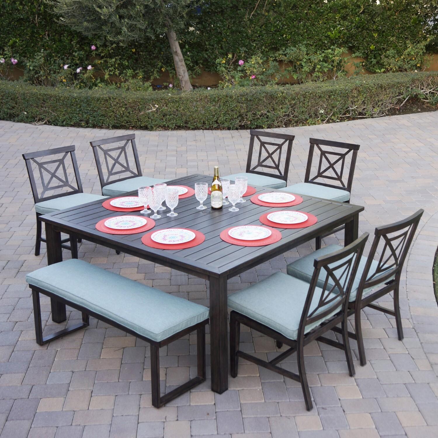 Atlantis 8 Pc Aluminum Dining Set w/ 6 Dining Side Chairs & Two Person Bench in Walnut/Spa by Darlee