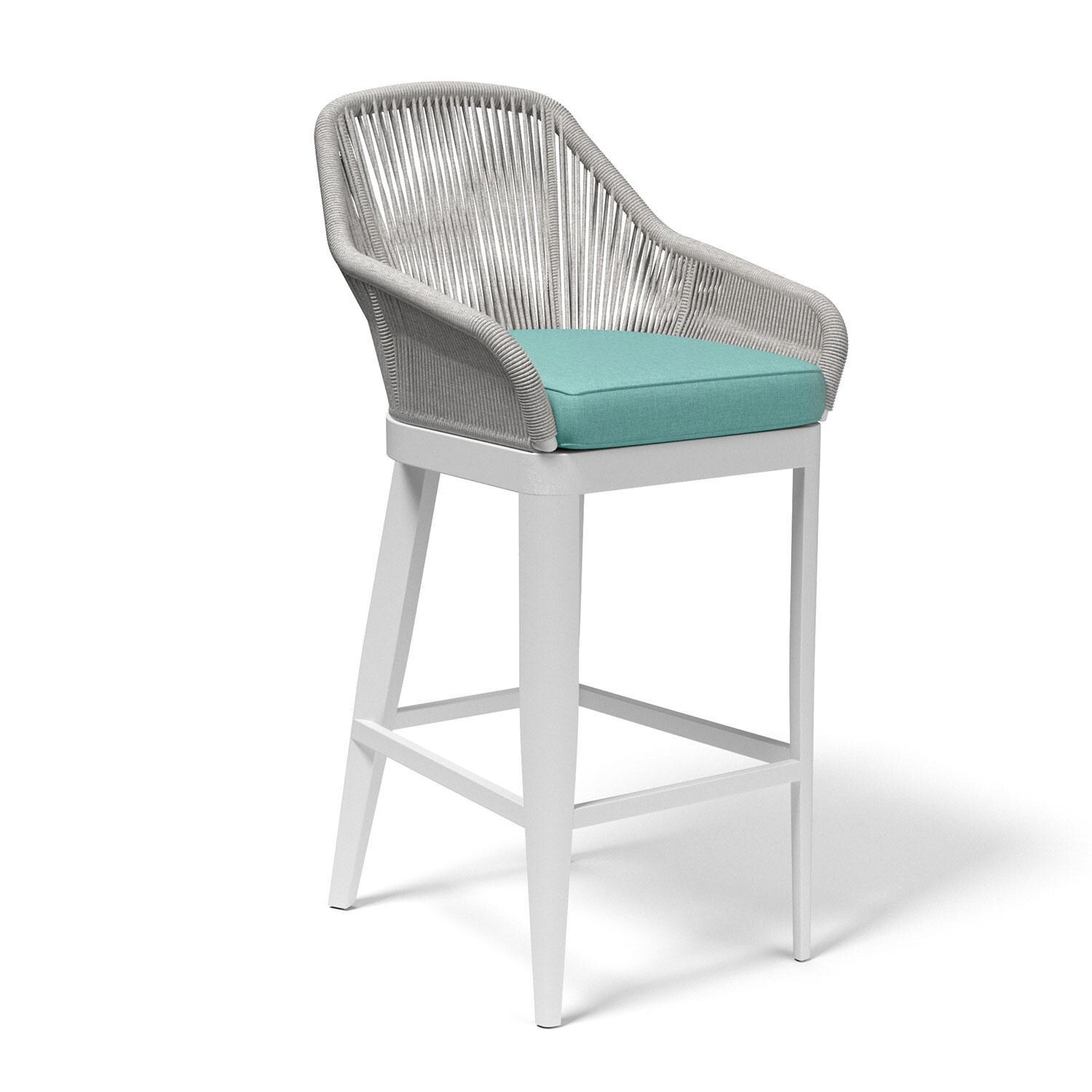 Miami Olefin Rope & Aluminum Patio Bar Stool in Dupione Celeste w/ Self Welt by Sunset West - Side View - White Background thumbnail