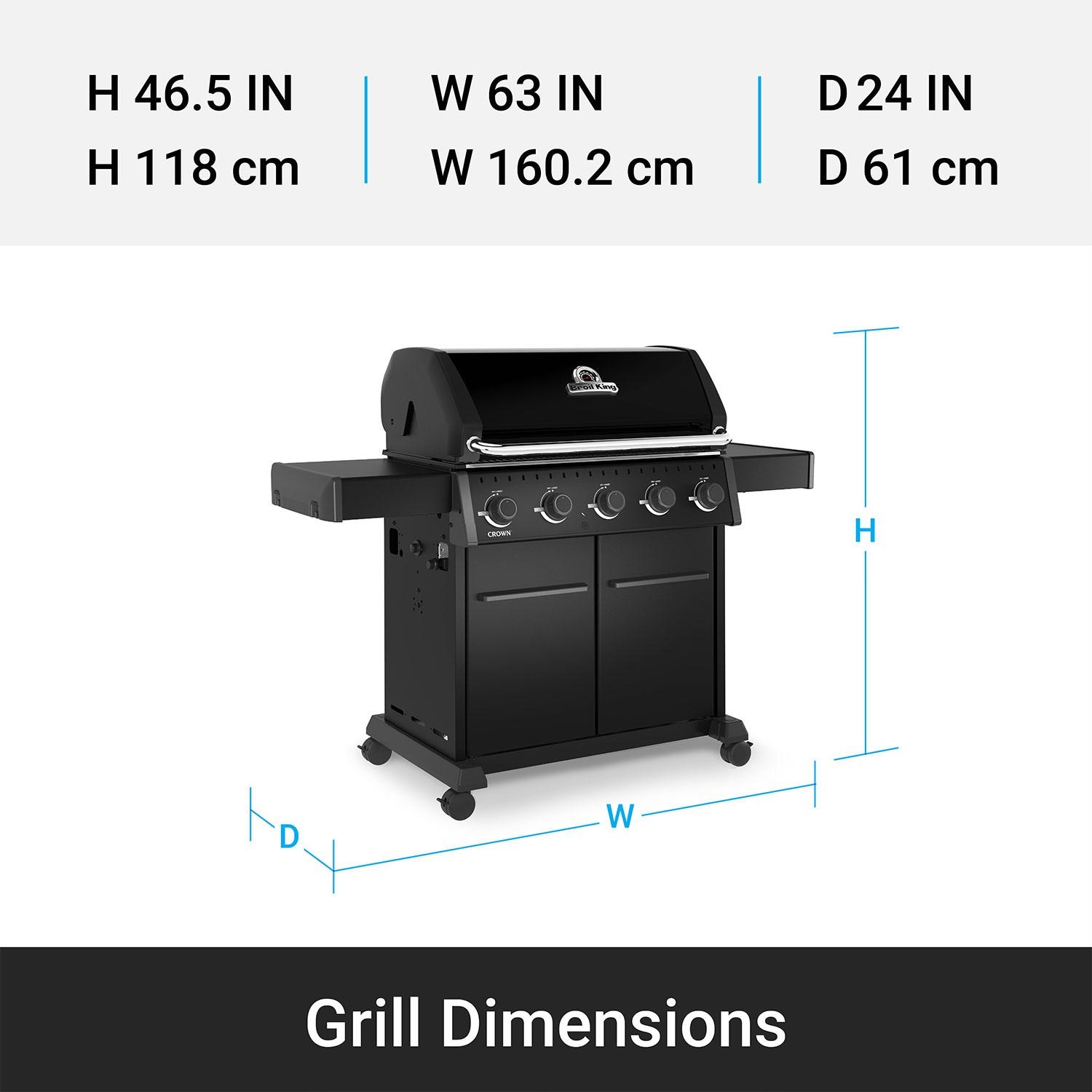 Broil King 866157 Crown 520 Shadow 5 Burner Natural Gas Grill - Black - Dimensions thumbnail