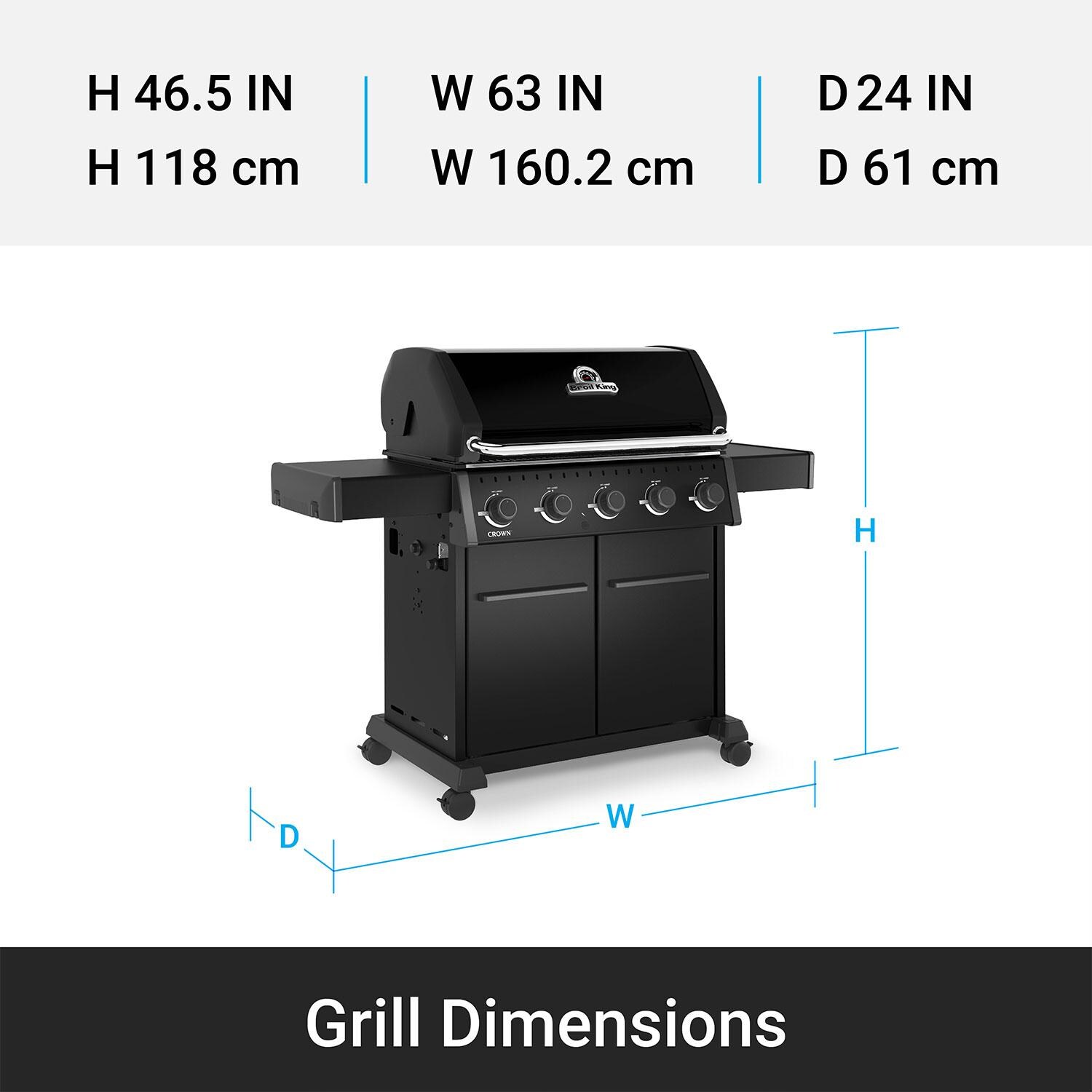 Broil King 866157 Crown 520 Shadow 5 Burner Natural Gas Grill - Black - Dimensions thumbnail