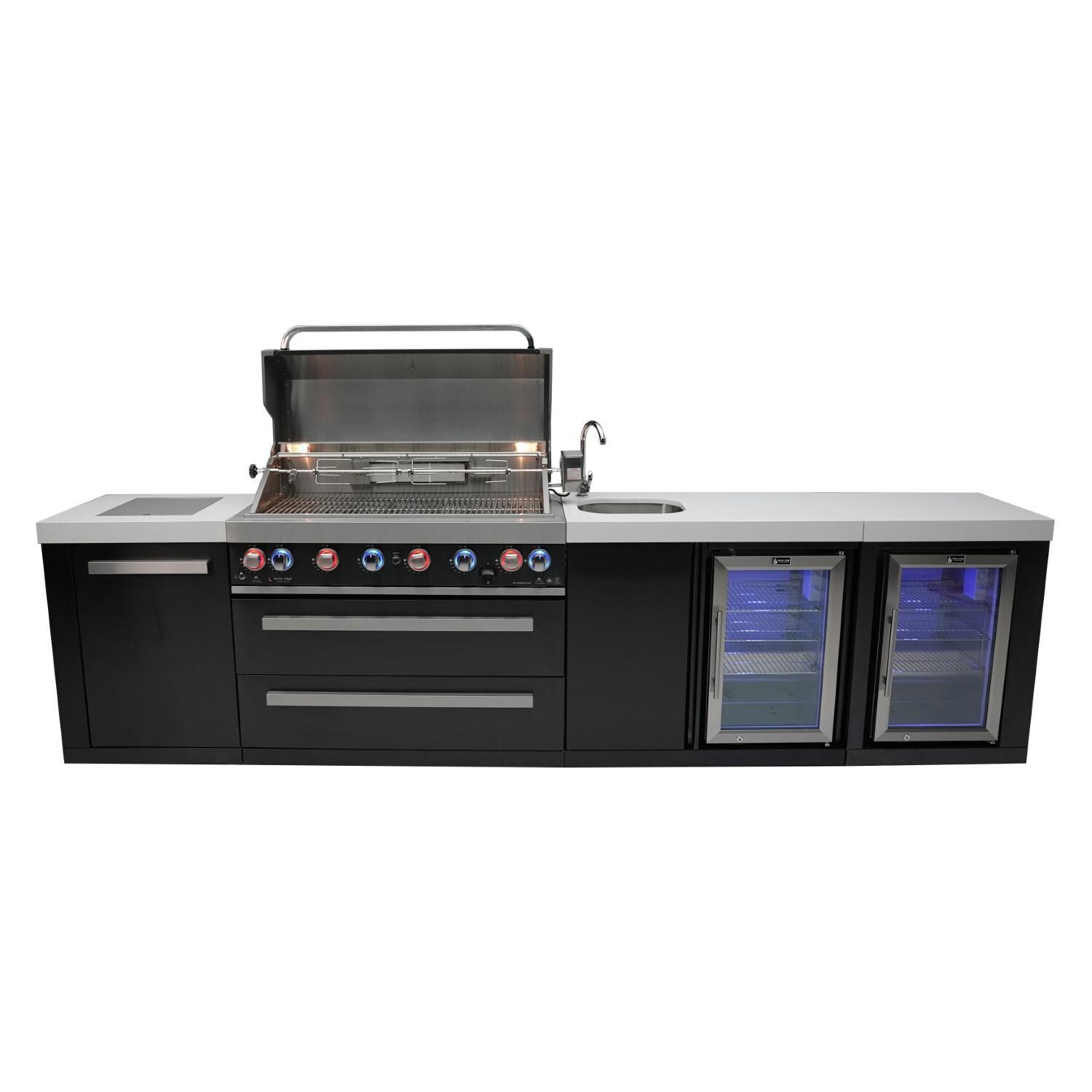 Mont Alpi - MAi805-BSSBEVFC - Deluxe Propane Gas Island Grill W/ Beverage Center, Refrigerator Cabinet, Infrared Side Burner, & Rotisserie Kit - Black Stainless Steel - Open Burners On Front - White Background thumbnail