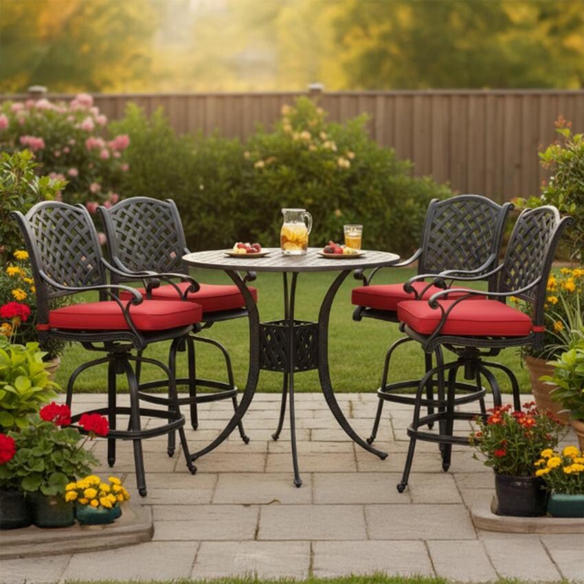 Nassau 5 Pc Cast Aluminum Bar Set w/ 42 Inch Round Series 30 Table & Swivel Bar Stools in Antique Bronze/Red by Darlee - Lifestyle thumbnail