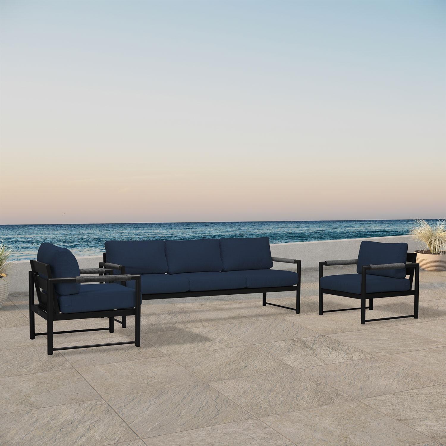 Lakeview AVEBAY-BK-CO-SET141-IN Avenue Bay Black/Carbon 3 Pc Sofa Club Chair Set - Spectrum Indigo - Angled On Patio - Lifestyle thumbnail