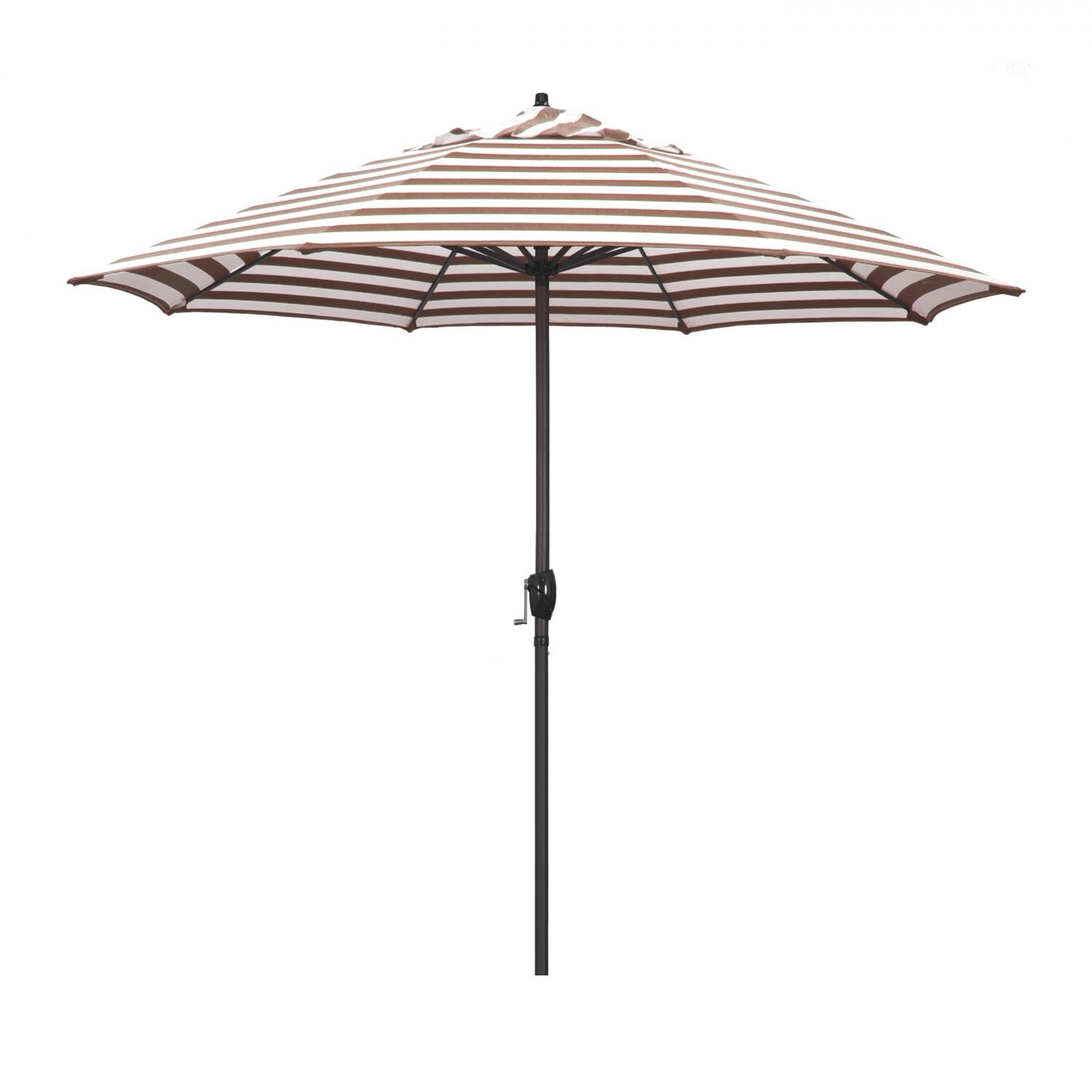 California Umbrella Casa Series 9 Ft Octagonal Aluminum Auto Tilt Patio Umbrella W/ Crank Lift - Bronze Frame / Olefin Brick White Cabana Stripe Canopy image