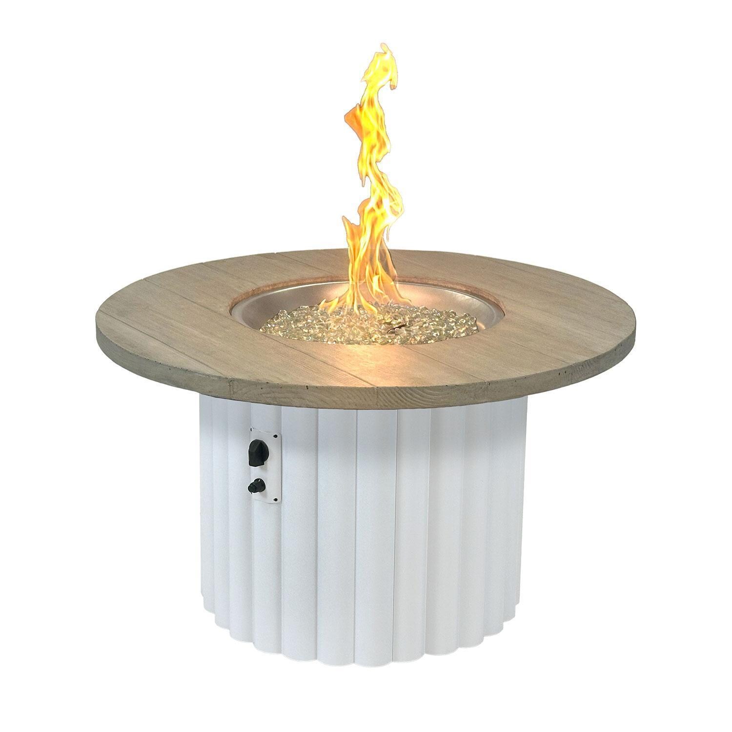 Reverie REVSWH-42-K-NG 42-in Round Aluminum Natural Gas Fire Pit Table w/ Smokey Oak Supercast Top & White Base (Ships Propane w/ Conversion Kit) - Flame On - White Background thumbnail