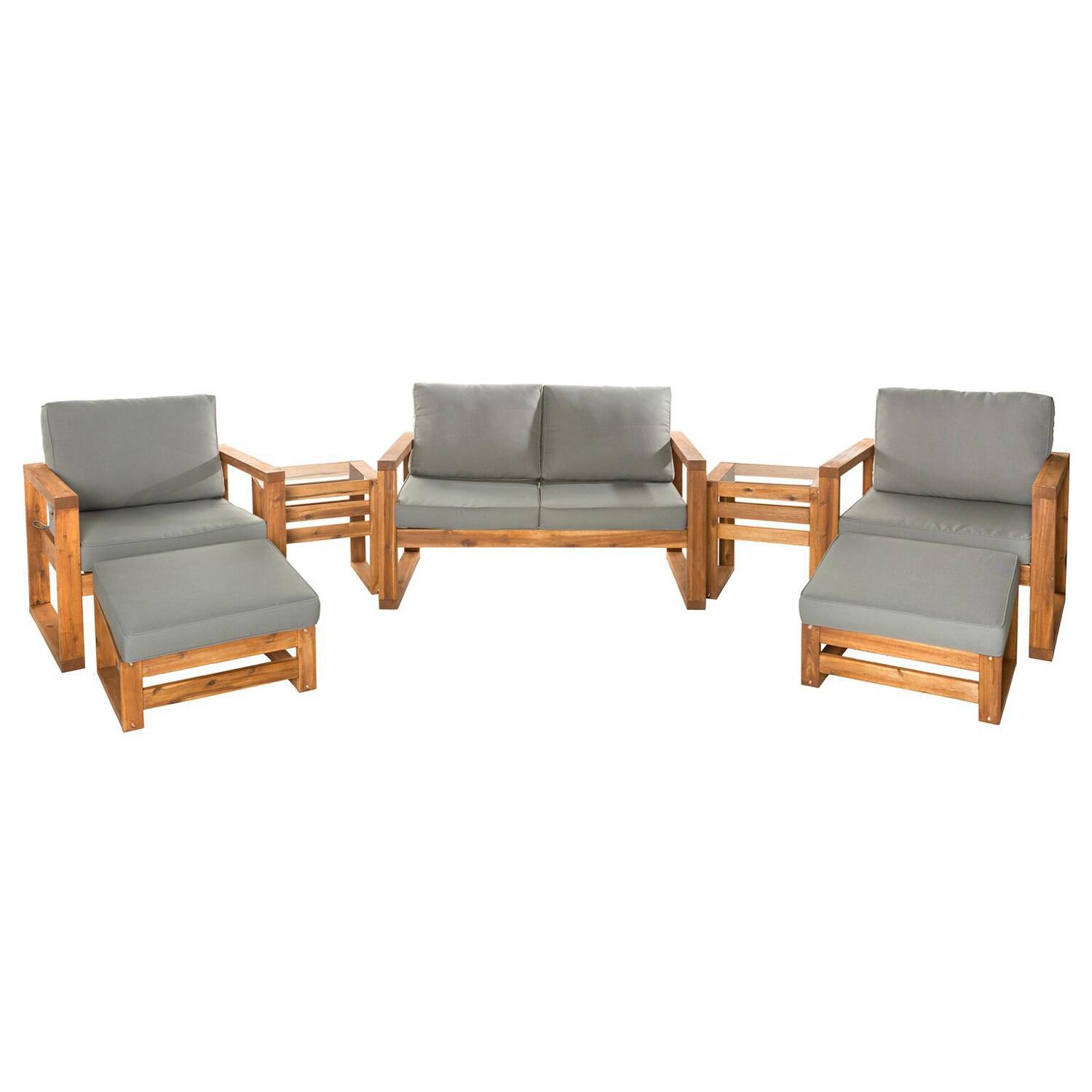 Ultimate Patio Window Bay 7 Piece Acacia Patio Conversation Set W/ Gray Cushions - Front View thumbnail