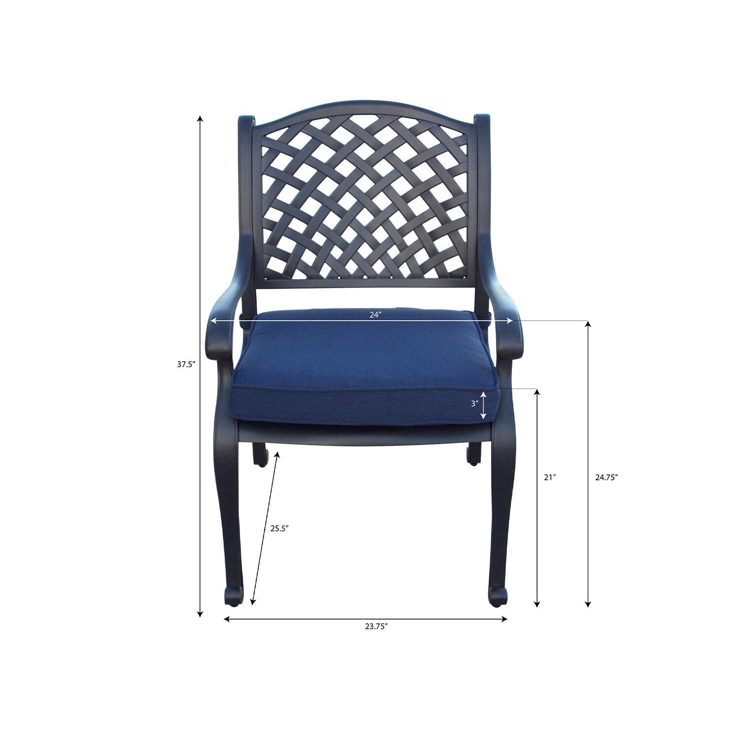 Nassau Cast Aluminum Dining Chair in Antique Bronze/Navy by Darlee - Dimensions (W/ Cushions) - Dimensional thumbnail