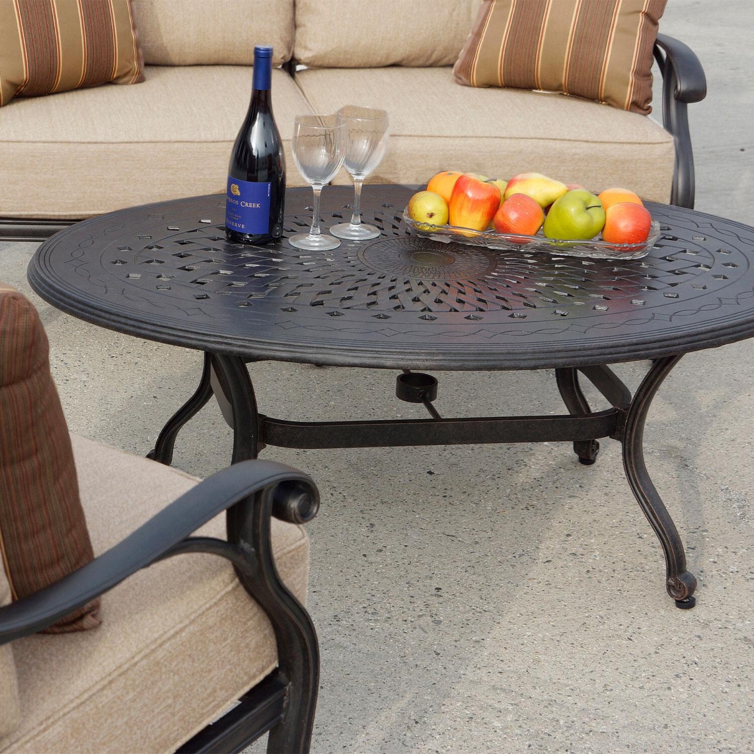 Darlee Nassau 4-Piece Patio Loveseat Conversation Set with Cushions and 31 X 46 Inch Oval Coffee Table - Table - Lifestyle thumbnail