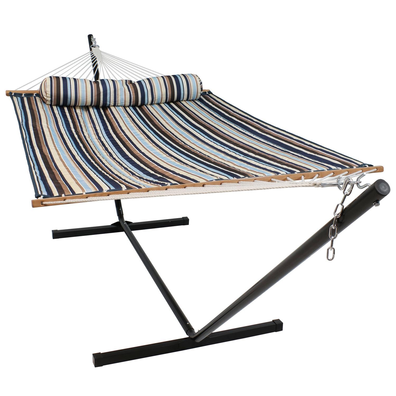 Sunnydaze Decor Quilted Double Hammock & Pillow w/ 12-Foot Black Stand - Ocean Isle - LY-QFH-OI-COMBO image