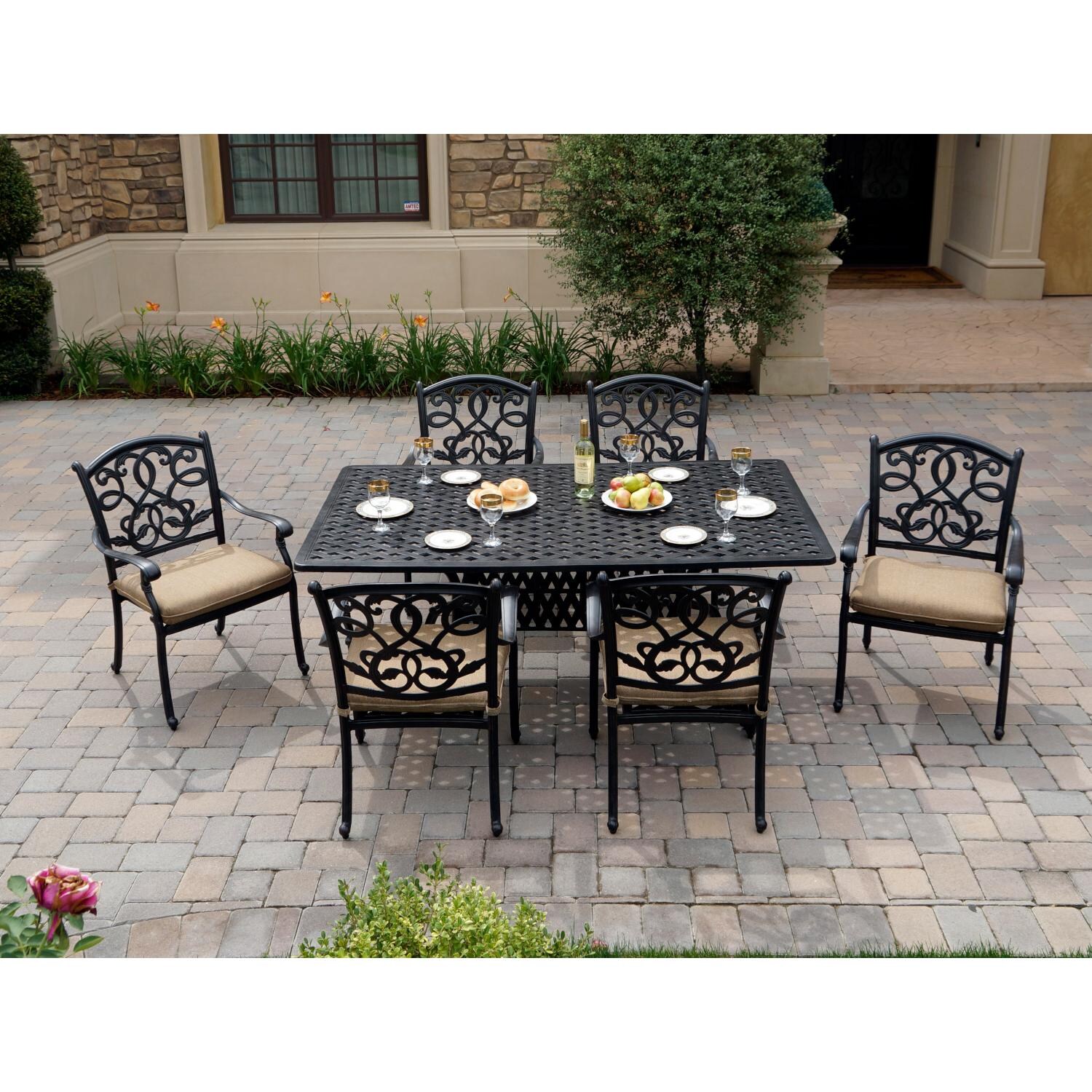 Darlee DL2052-7PC-30RED Santa Monica 7 Piece Cast Aluminum Patio Dining Arm Chair Set W/ 72 X 42 Inch Rectangular Table & Sesame Cushions - Lifestyle thumbnail