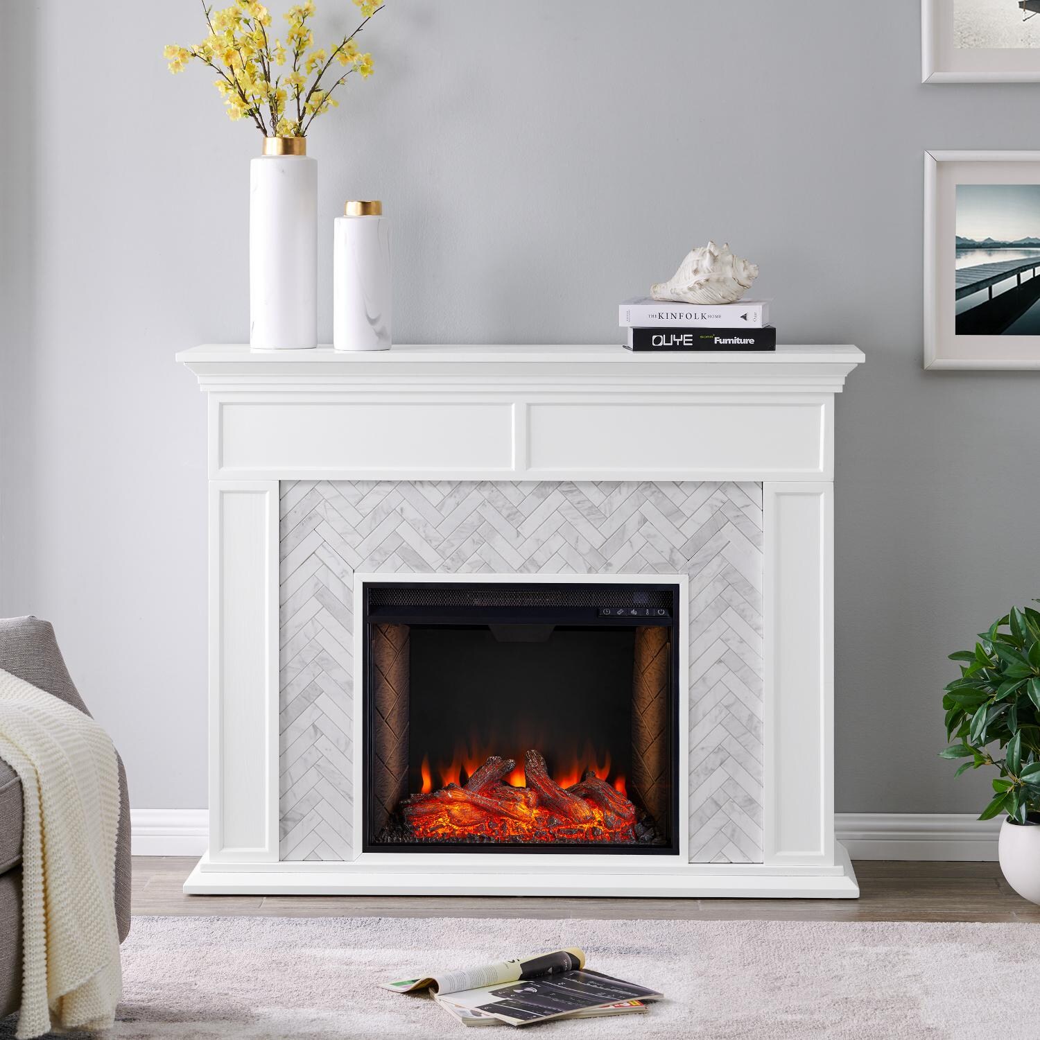 Southern Enterprises Torlington Marble Tiled Electric Fireplace W/ Alexa-Enabled Smart Firebox - FS1009359