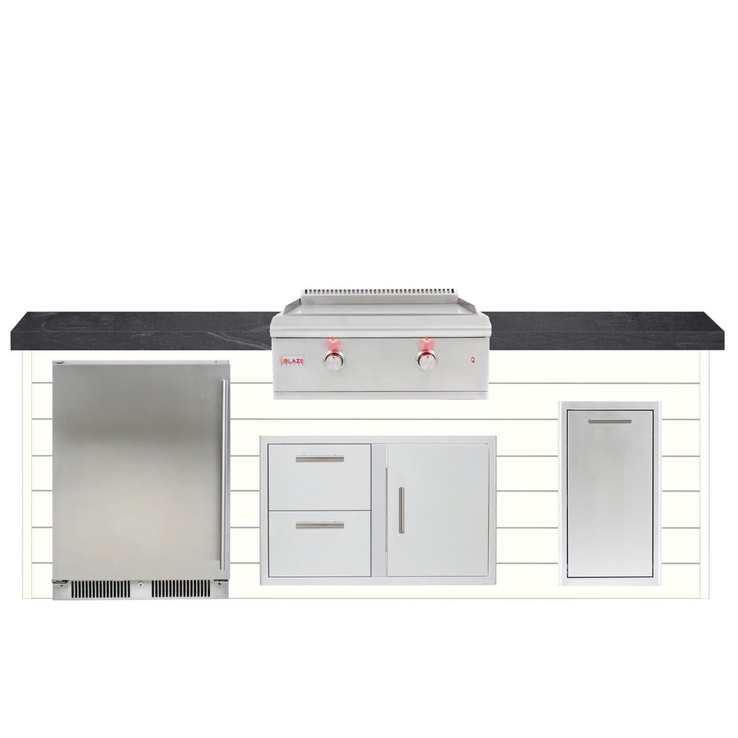 BBQGuys Signature 8ft Luxury Outdoor Island W/ Blaze Premium LTE 30-Inch Natural Gas Griddle & Outdoor Rated Refrigerator - Canvas White Steel W/ Black Polished Granite thumbnail