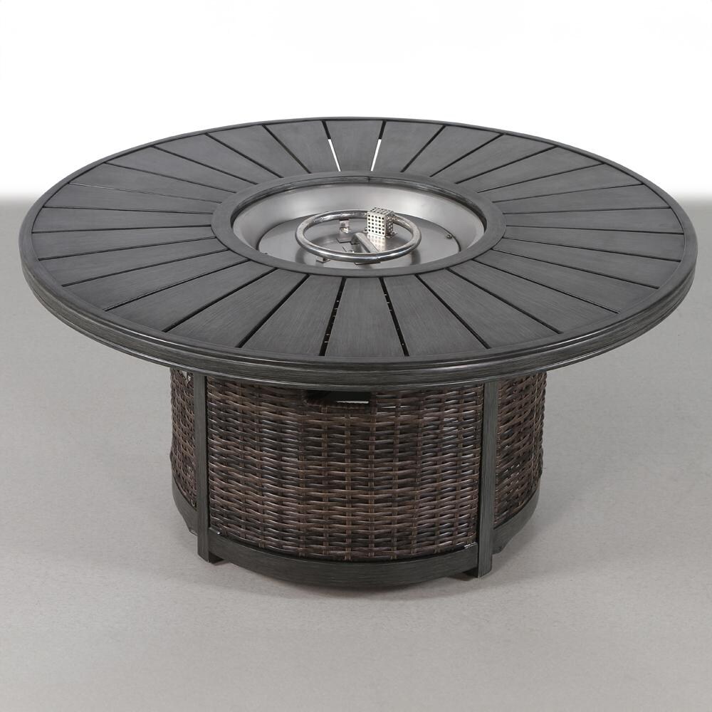 Ultimate Patio Ellisview 52 Inch Round Aluminum Propane Fire Pit Dining Table in Brown Wicker - Front No Lid - White Background thumbnail