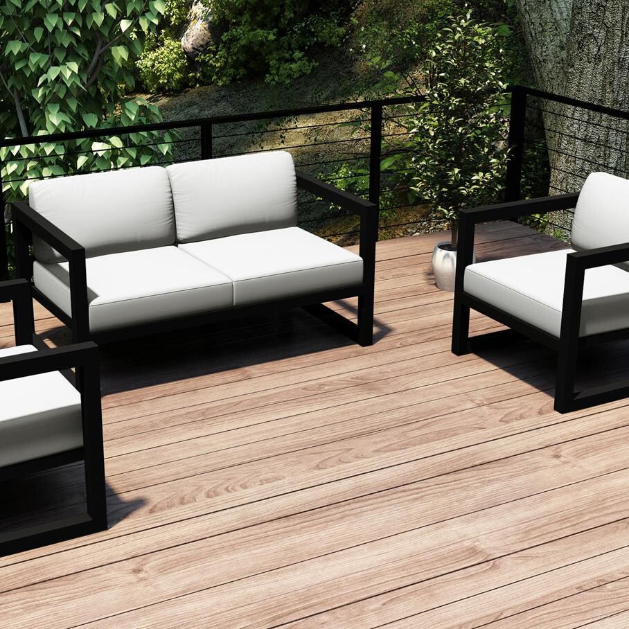 Lakeview MSTYCV-BK-3LSS-CN Misty Cove 3 Pc Aluminum Seating Set in Black w/Loveseat & Canvas Natural Cushions by Lakeview Outdoor Designs - Set Outside Cropped - Lifestyle thumbnail