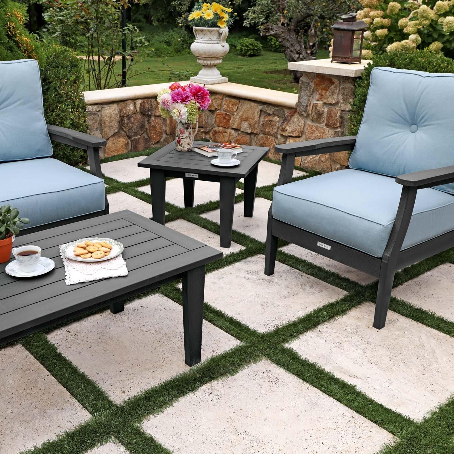 Blushing Bay 4 Pc Recycled Plastic Seating Set in Bliss Dew/Black by Lakeview Outdoor Designs - Close Up End Table - Lifestyle thumbnail