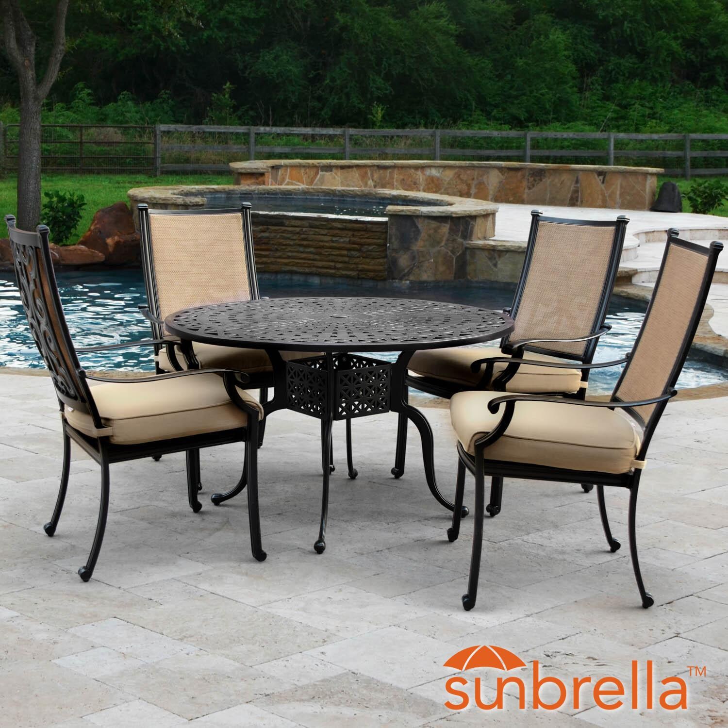 Bocage 5 Piece Cast Aluminum Sling Patio Dining Set W/ 48 Inch Round Table & Sunbrella Heather
