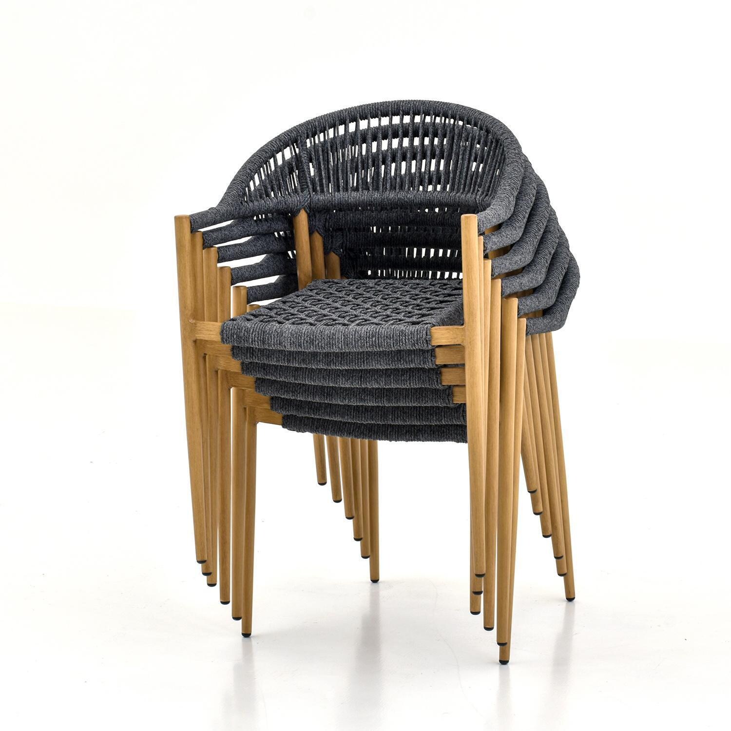 Lakeview Outdoor Designs LV-352-7 Eden Isle 7 Pc Aluminum Dining Set in Natural Wood - Stacked Chairs - White Background thumbnail