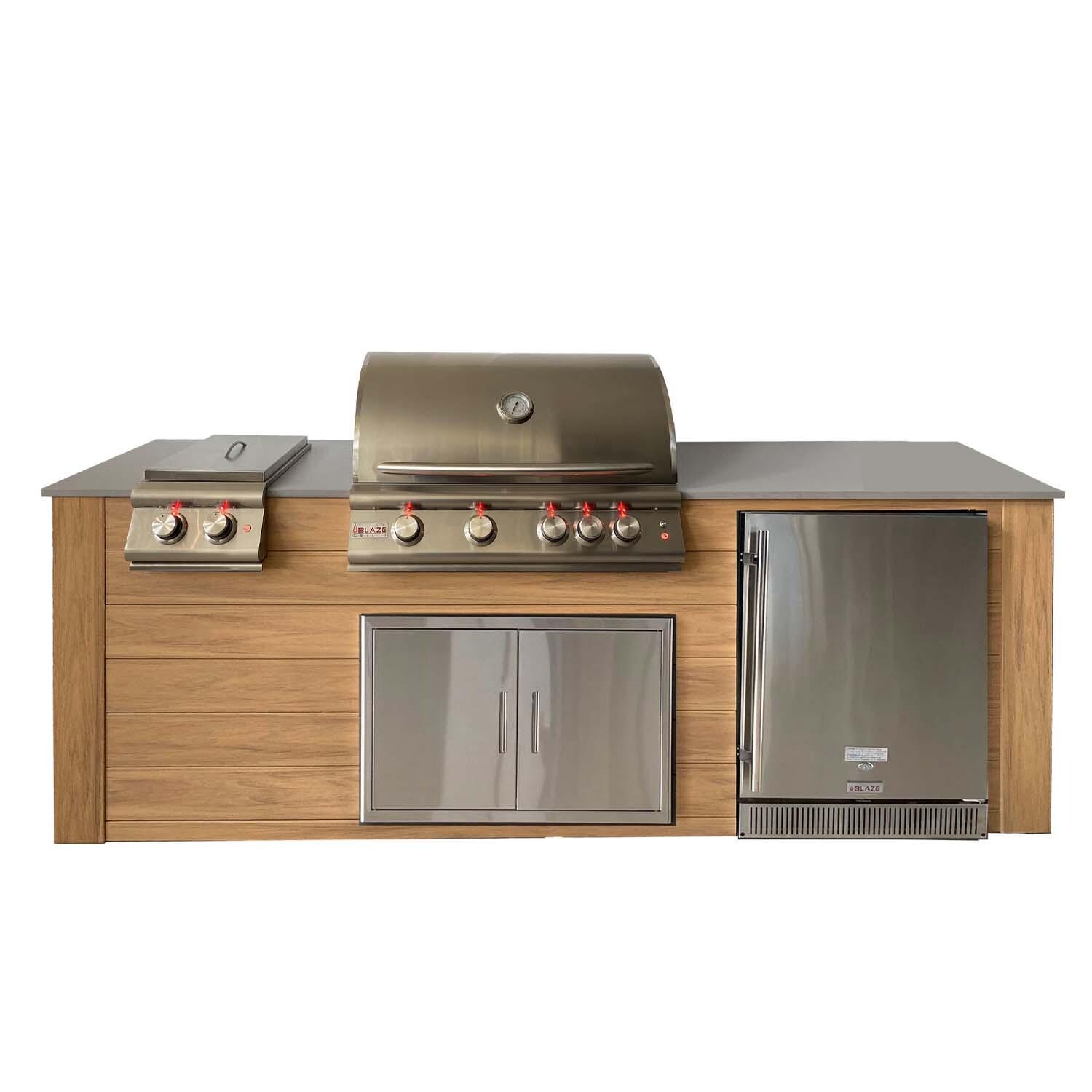 Pro-Fit 8-Foot Outdoor Kitchen Island W/ BLZ-4LTE2-NG Blaze Premium LTE 32-Inch Natural Gas Grill, Double Side Burner & Refrigerator - Golden Cypress / Grigio Cemento Satin - White Background thumbnail