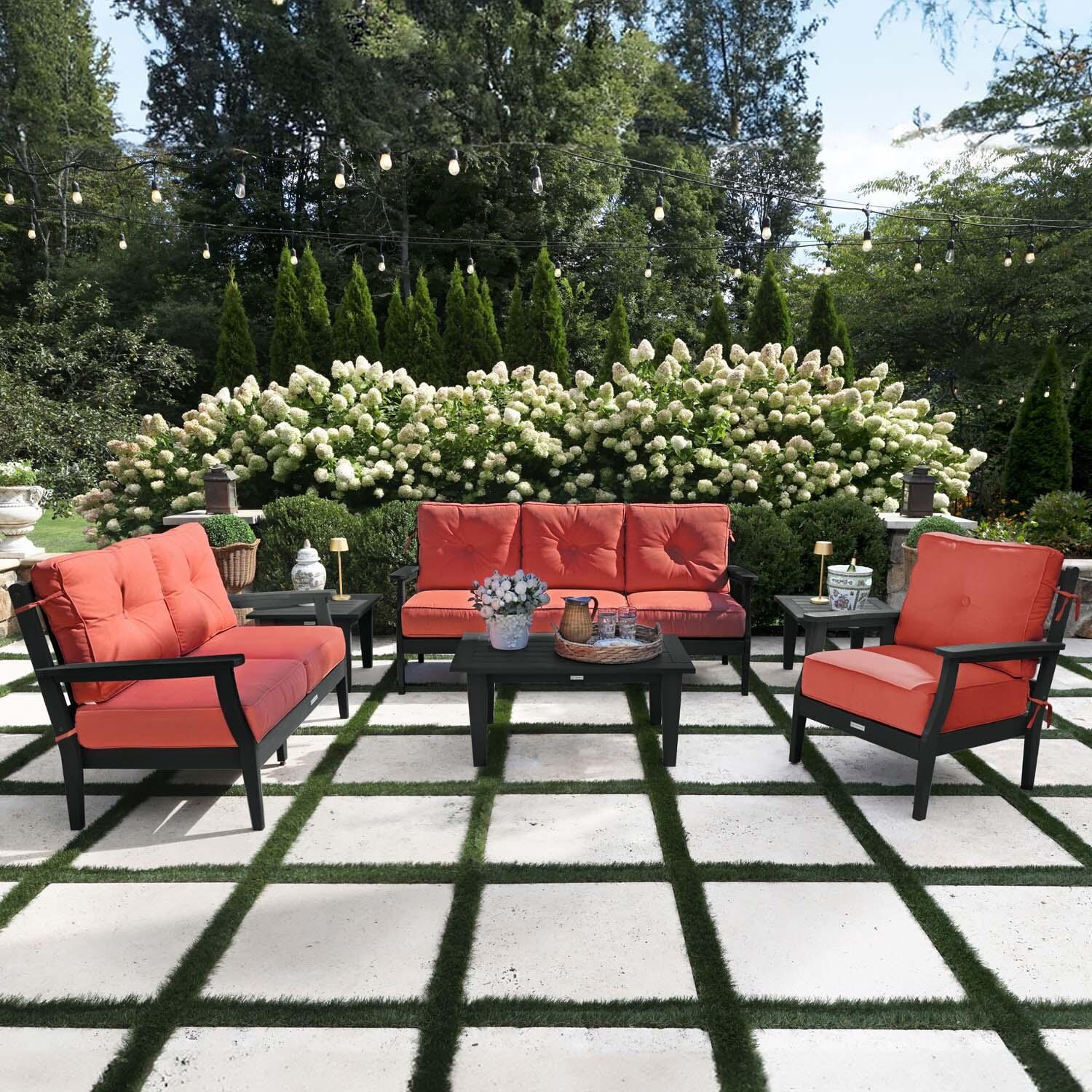 Blushing Bay 6 Pc Recycled Plastic Grand Seating Set in Canvas Persimmon/Black by Lakeview Outdoor Designs - Lifestyle thumbnail