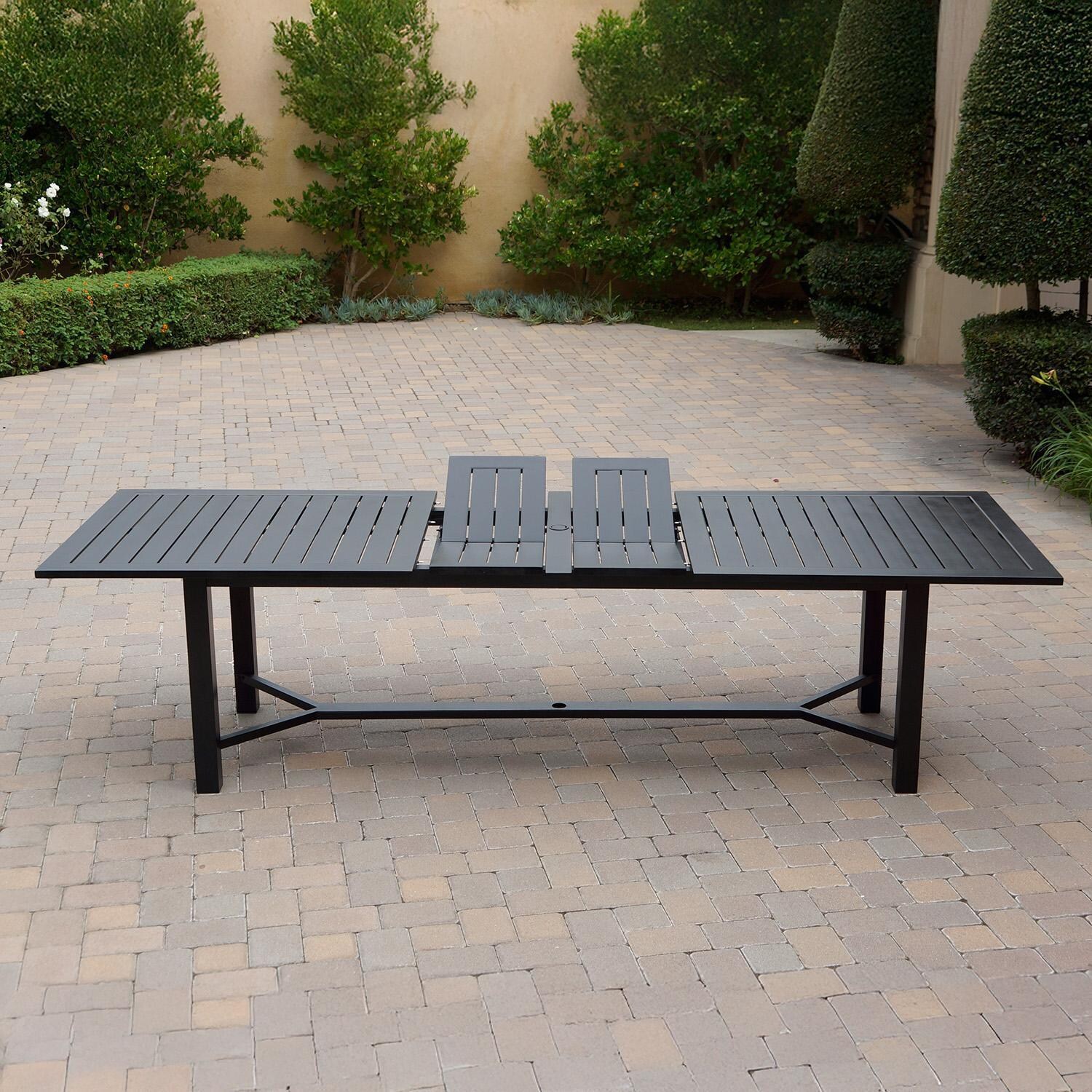 Darlee B/DL13-11PCDR-2350LE-B Nassau 11 Pc Cast Aluminum Dining Set w/ Rocker in Antique Bronze w/ Blue Cushions - Table Side View w/ Extension - Lifestyle thumbnail