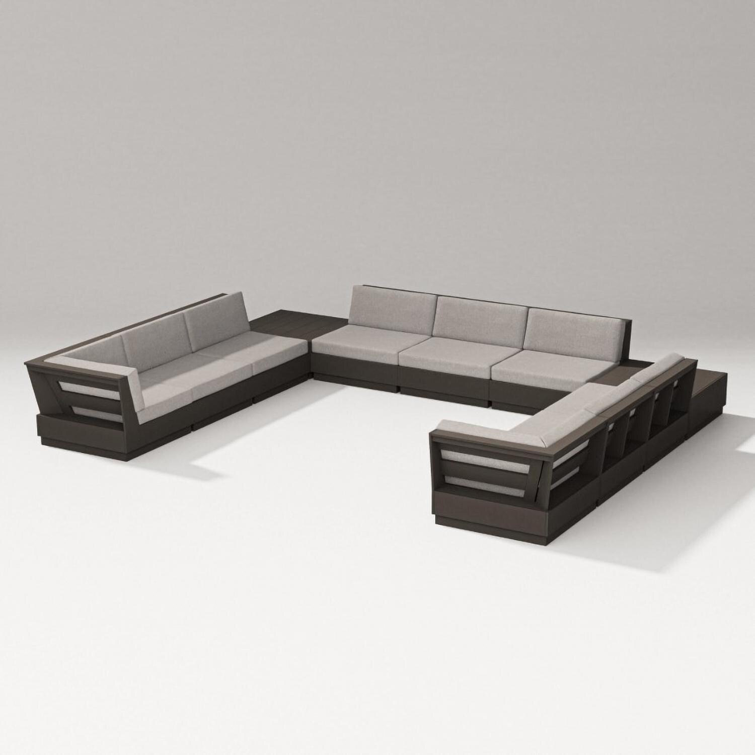 Elevate 11 Pc U-shaped Recycled Plastic Sectional Seating Set in Vintage Coffee/Weathered Tweed By PW Designer Series - Set - White Background thumbnail