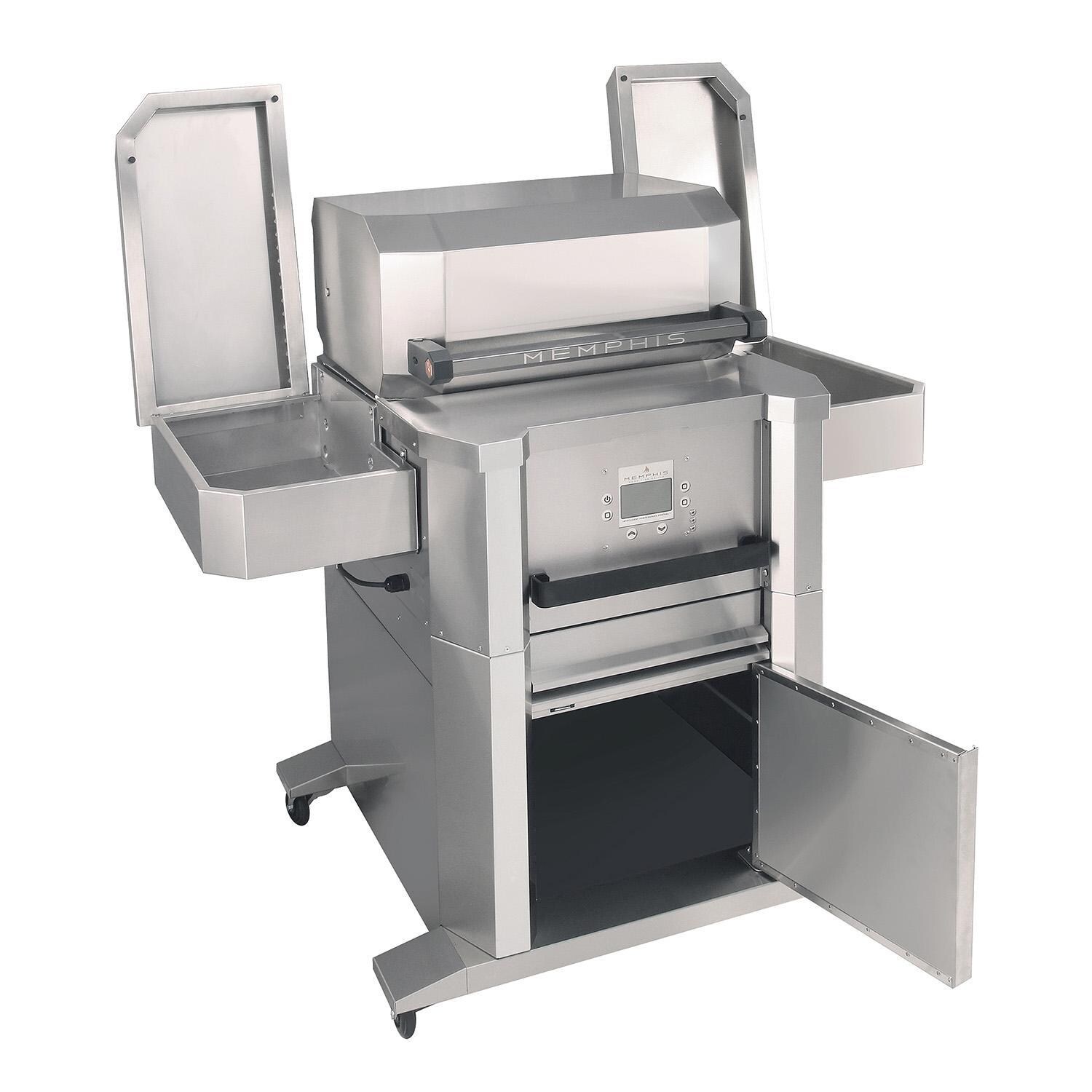 Memphis Grills MG01-06-001 Elevate Pellet Grills w/Fully Enclosed Cart - Hood and Side Shelves Open - White Background thumbnail