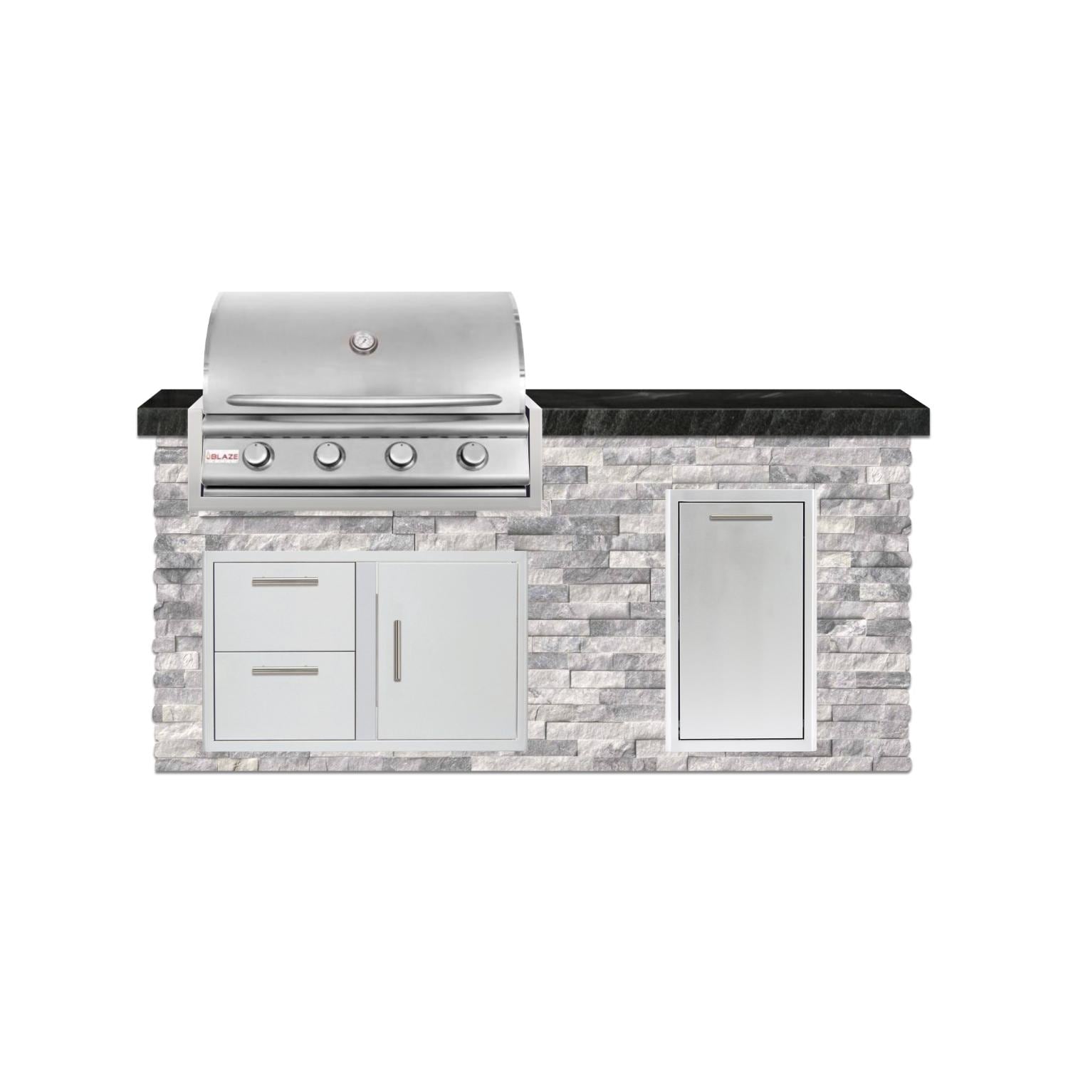 BBQGuys Signature 6 Ft Outdoor Kitchen Island w/ 32 Inch Natural Gas Blaze LBM Grill & Narrow Trash Bin | Alaska Gray w/ Black Granite