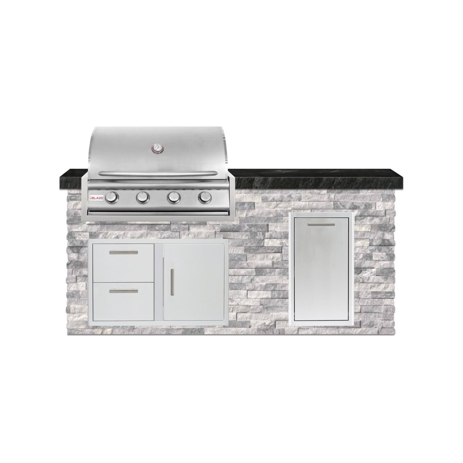 BBQGuys Signature 6 Ft Grill Island w/ 32 Inch Natural Gas Blaze Prelude LBM Grill, Narrow Trash Bin & Door & Drawer | Alaska Gray w/ Black Granite - Front - White Background thumbnail