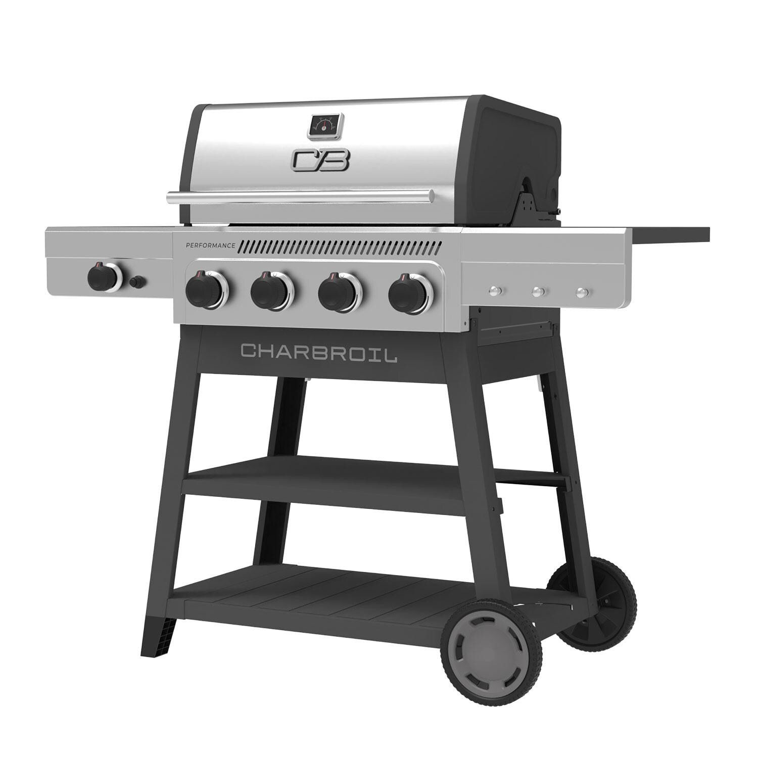 Charbroil 463349325 Performance Series 4-Burner Propane Grill A-Frame Cart W/ Side Burner - Black & Stainless Steel - Left Angle - White Background thumbnail